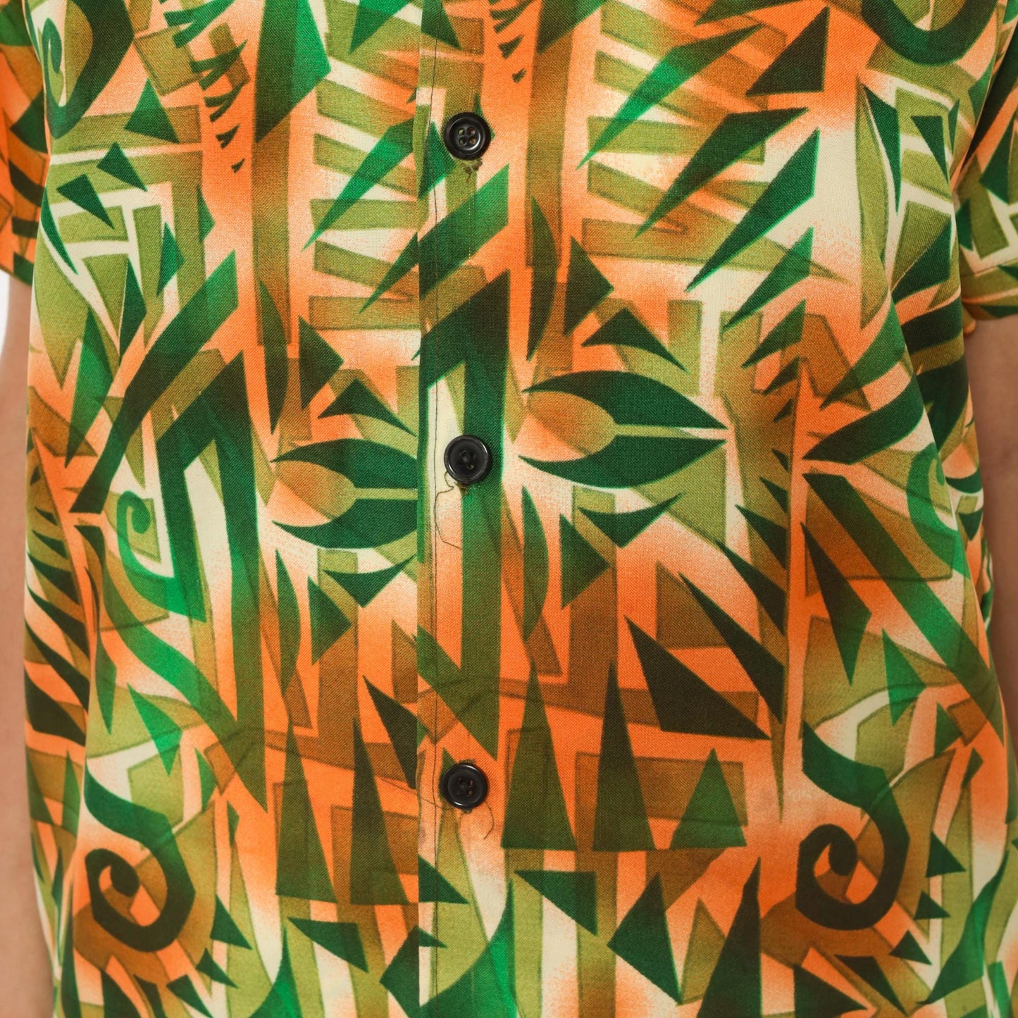 70s Psychedelic Geometric Print Shirt Orange Green Pointed Collar Medium M