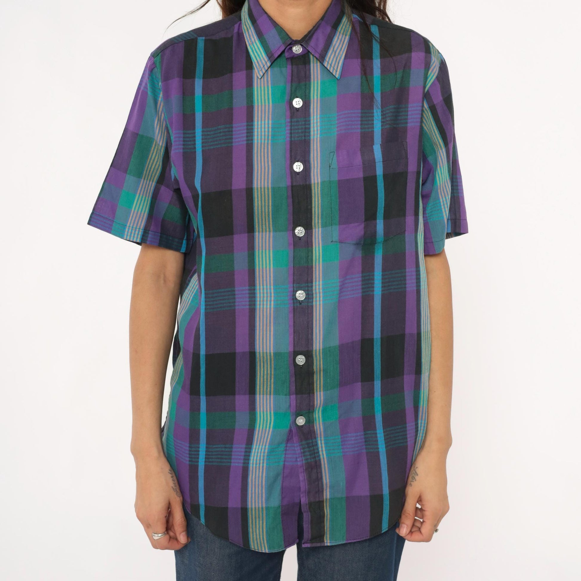 80s Plaid Button-Up Shirt Purple Green Teal Check Short Sleeve Medium