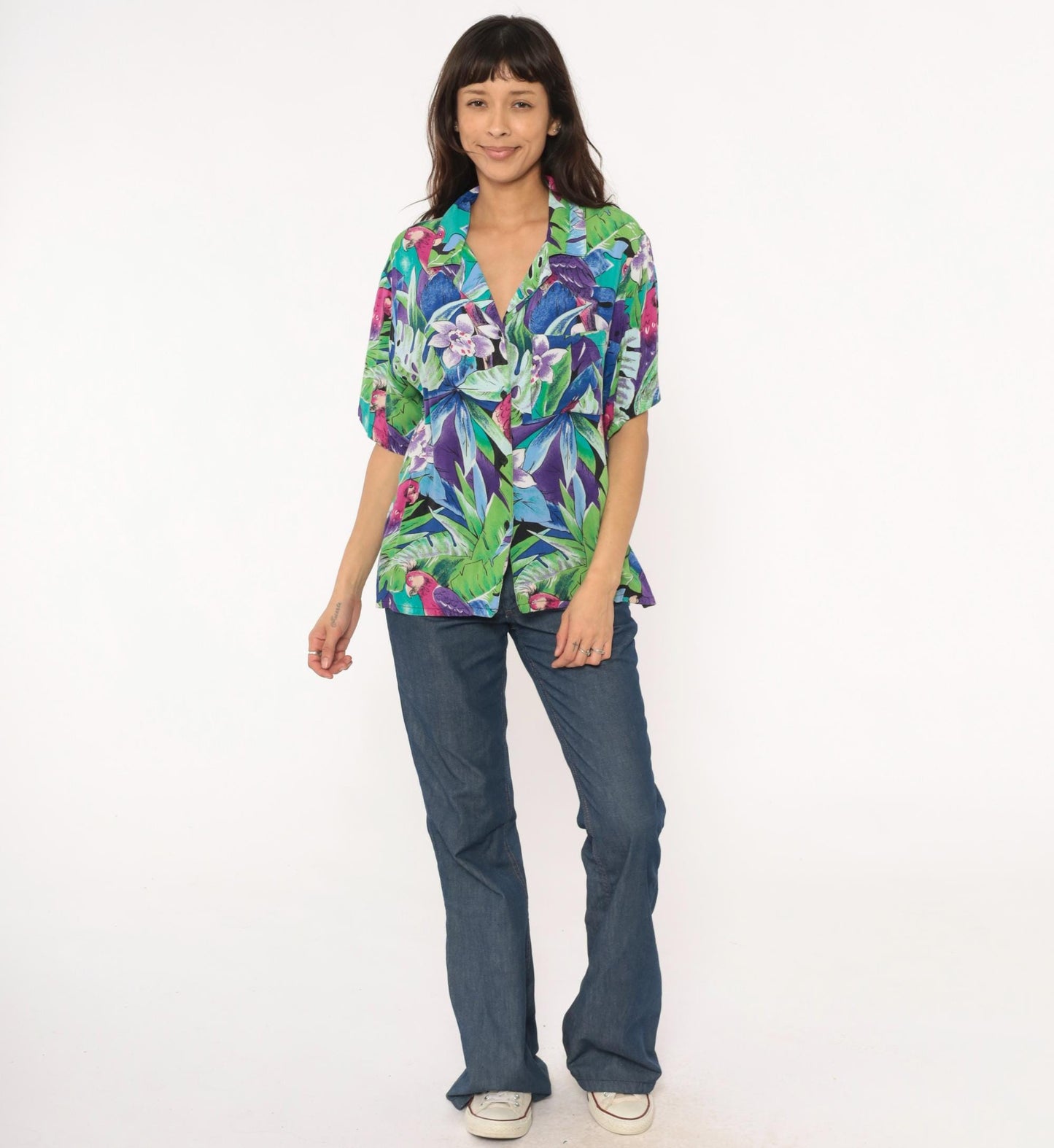 90s Spare Change California Tropical Parrot Rayon Shirt Turquoise Medium