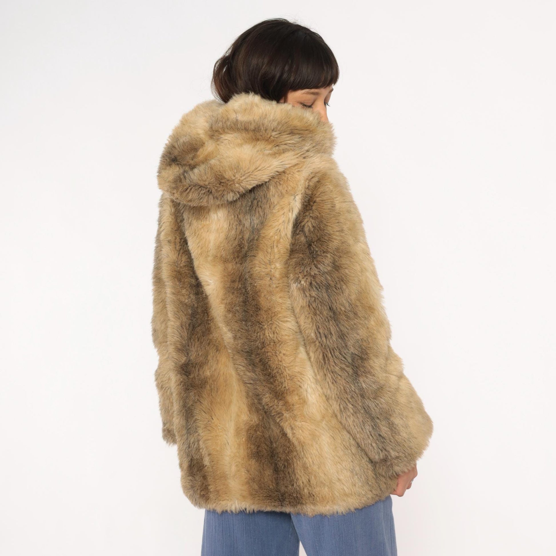 70s Beekman Place Faux Fur Hooded Coat Beige Brown Vinyl Trim Medium