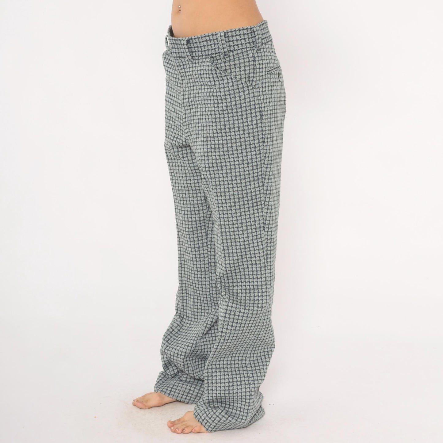 70s Houndstooth Trousers Blue Grey High Rise Straight Leg Slacks 35