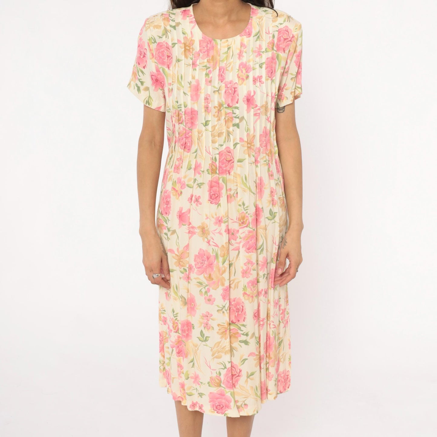90s Teddi Floral Midi Dress Cream Pink Roses Pintuck Bodice Tie Back Large