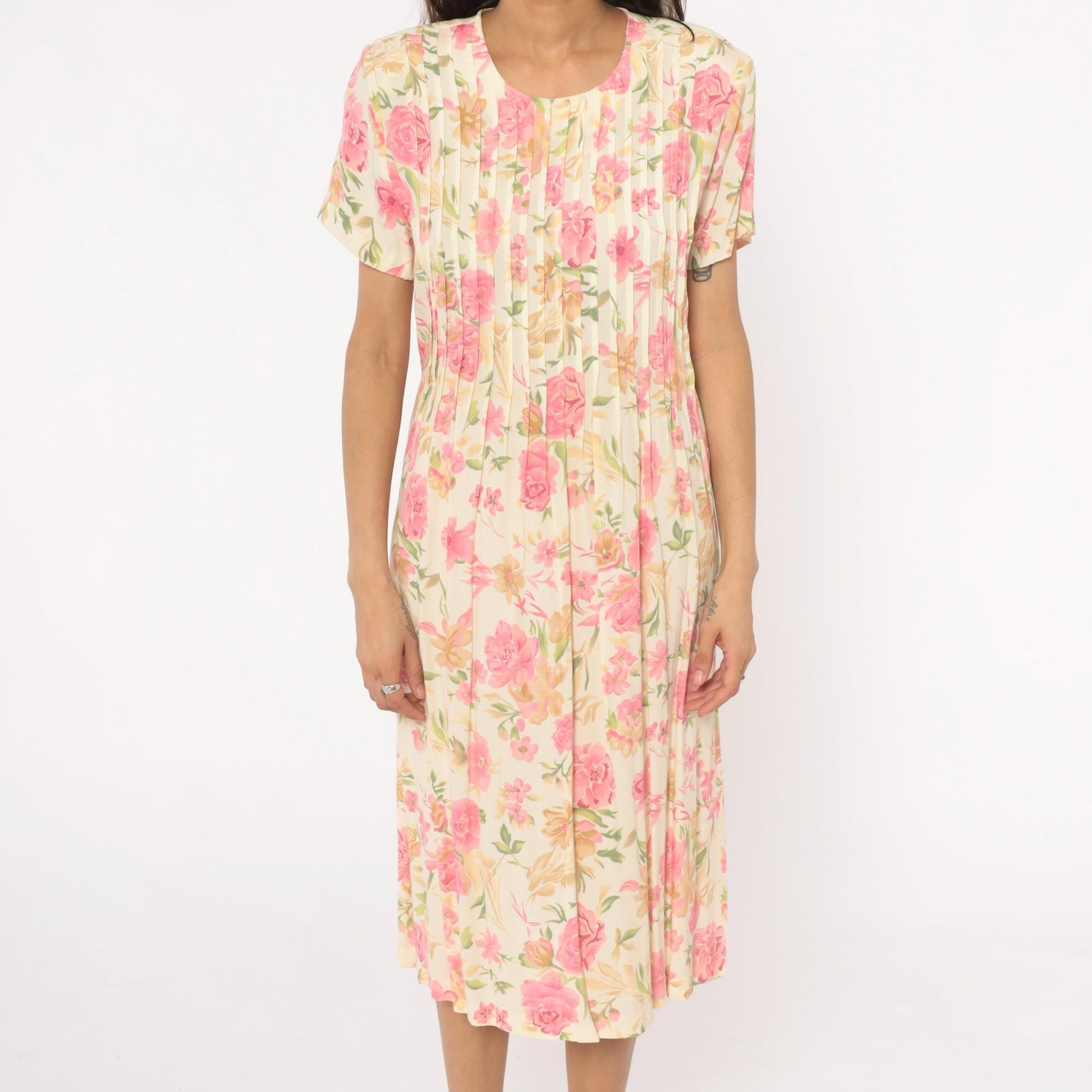 90s Teddi Floral Midi Dress Cream Pink Roses Pintuck Bodice Tie Back Large