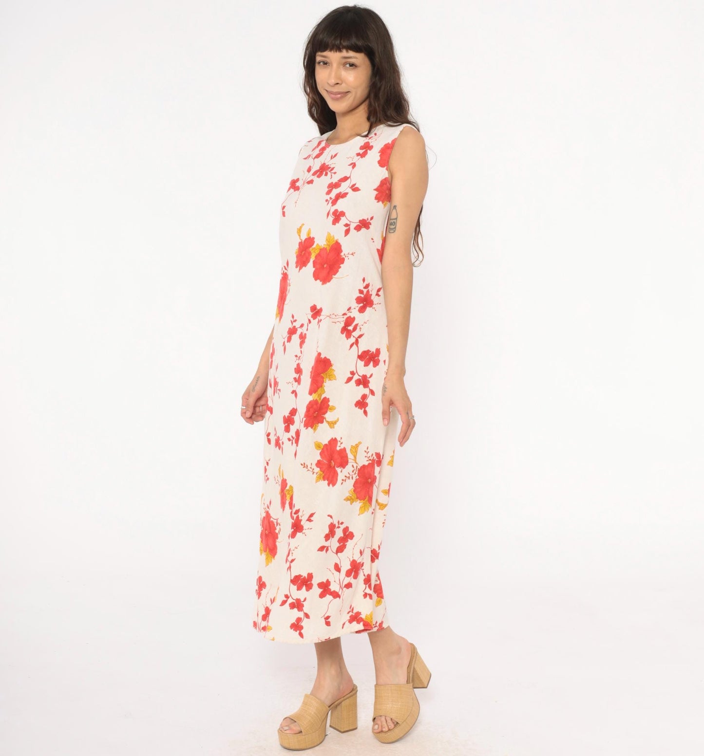 90s Lennie New York Floral Linen Maxi Dress Cream Red Yellow Large L