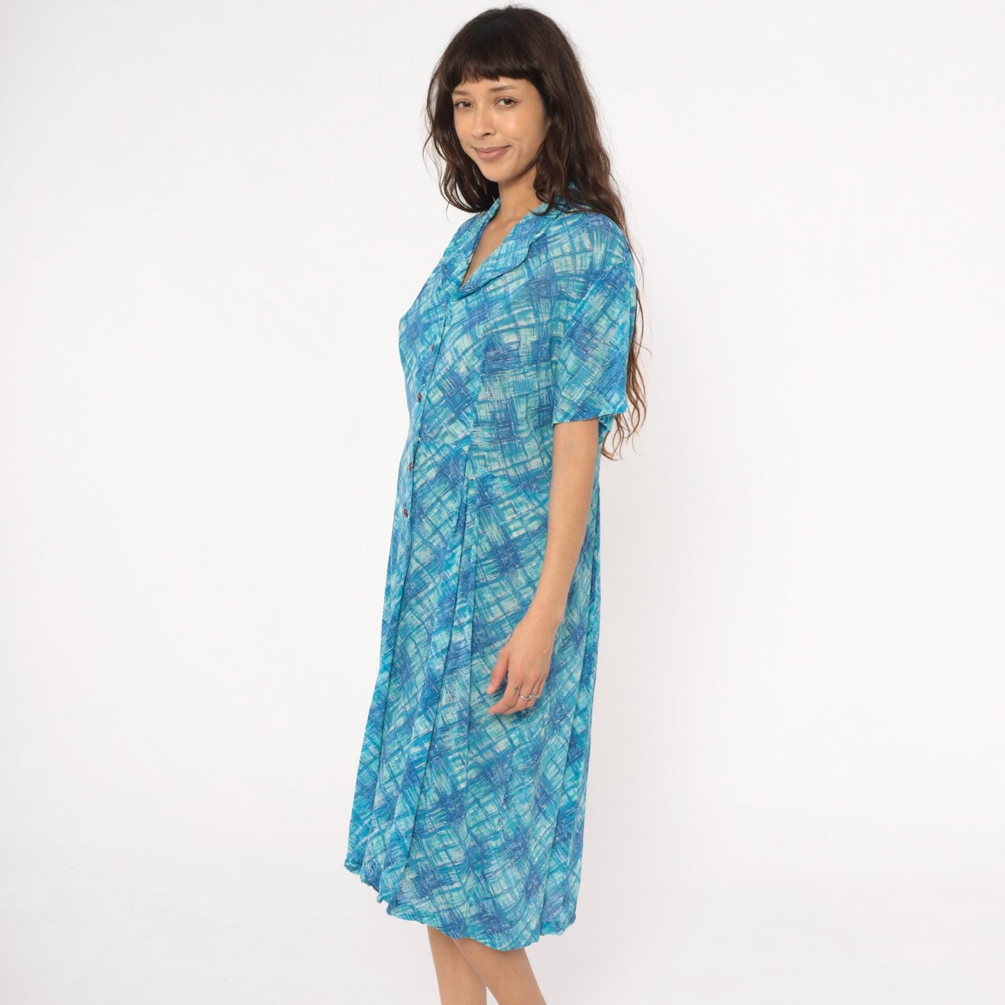 60s Blue Crosshatch Plaid Button-Front Shirtdress Short Sleeve Cotton Large L