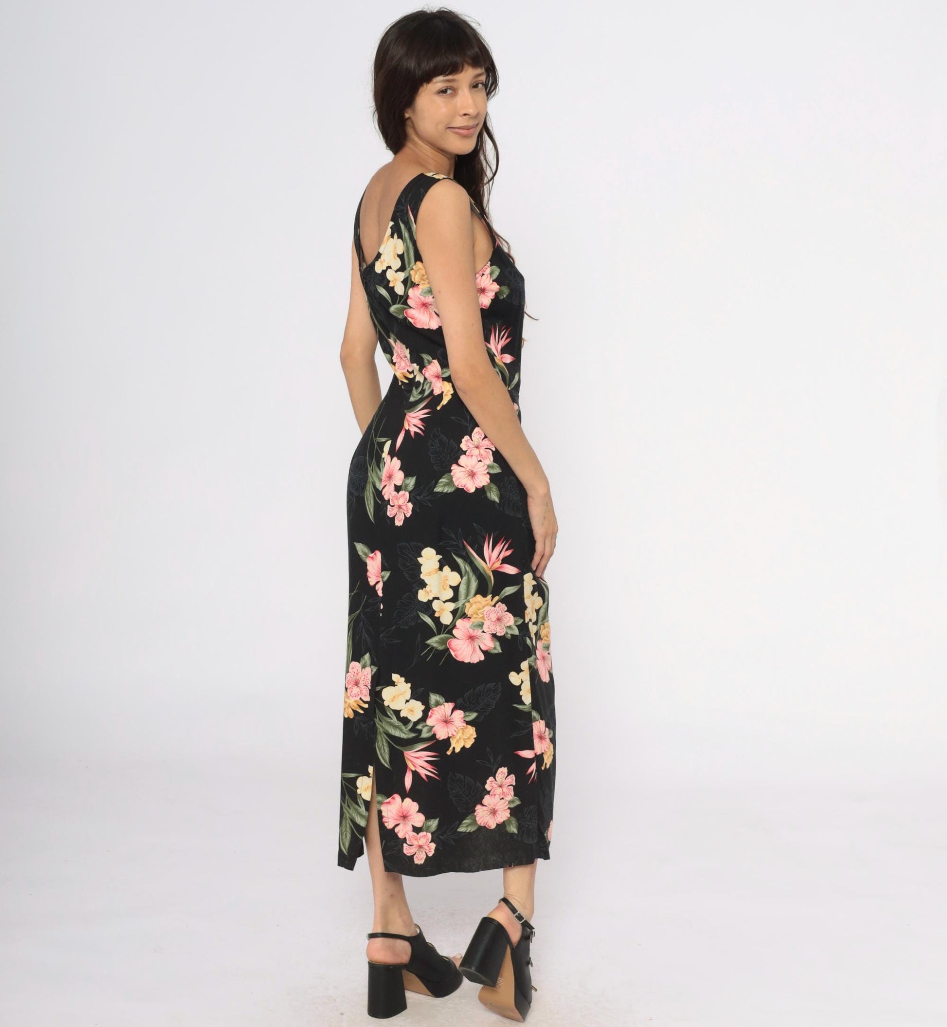 90s Caribbean Joe Black Floral Maxi Dress Tropical Print Sleeveless Large L