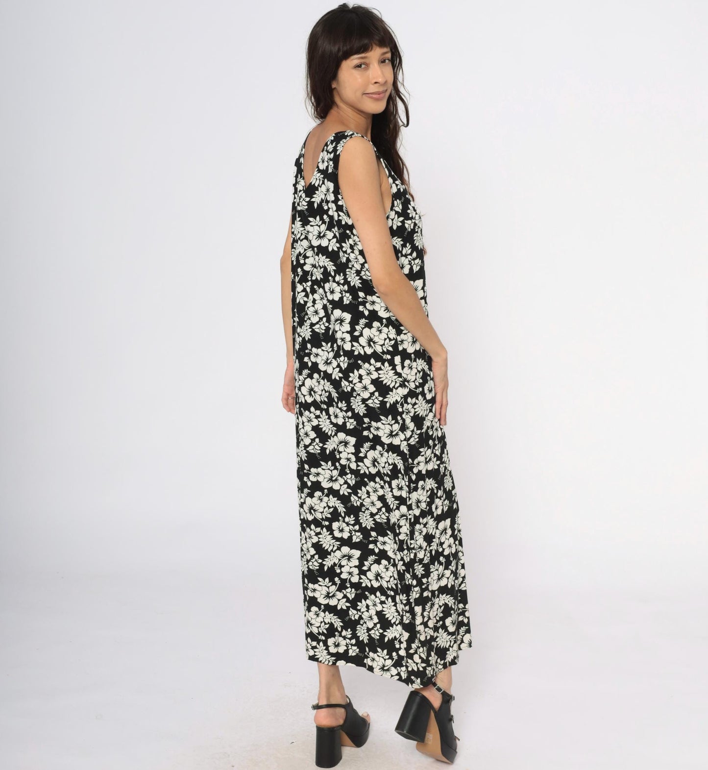 Y2K Josephine Chaus Black Maxi Dress Hibiscus Floral Print Large L
