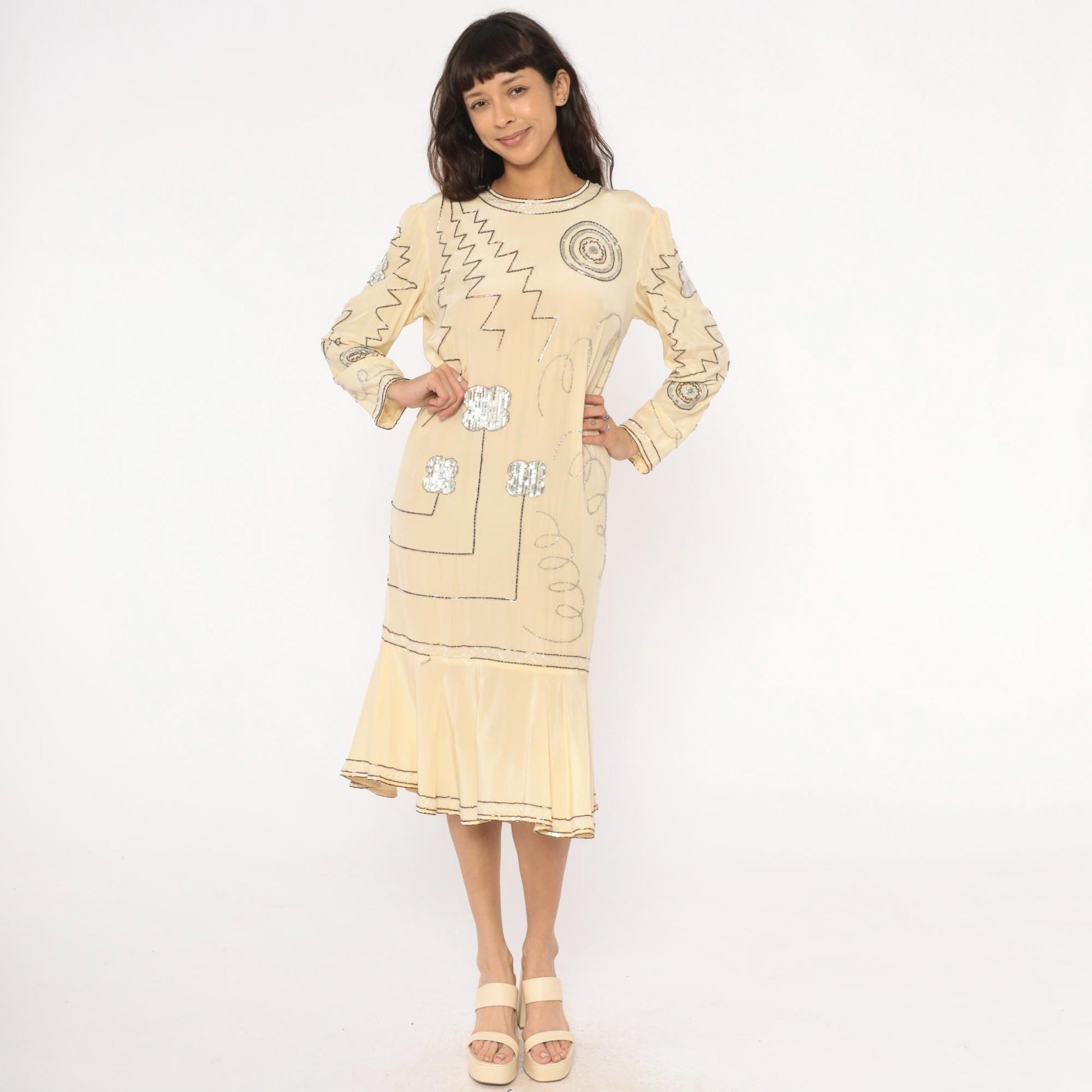 90s Argenti Silk Beaded Midi Dress Cream Drop Waist Geometric Embroidered Medium M