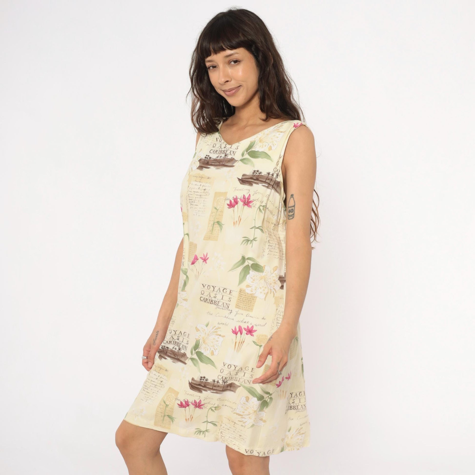 90s Caribbean Joe Tropical Shift Dress Cream Floral Postcard Print Extra Large