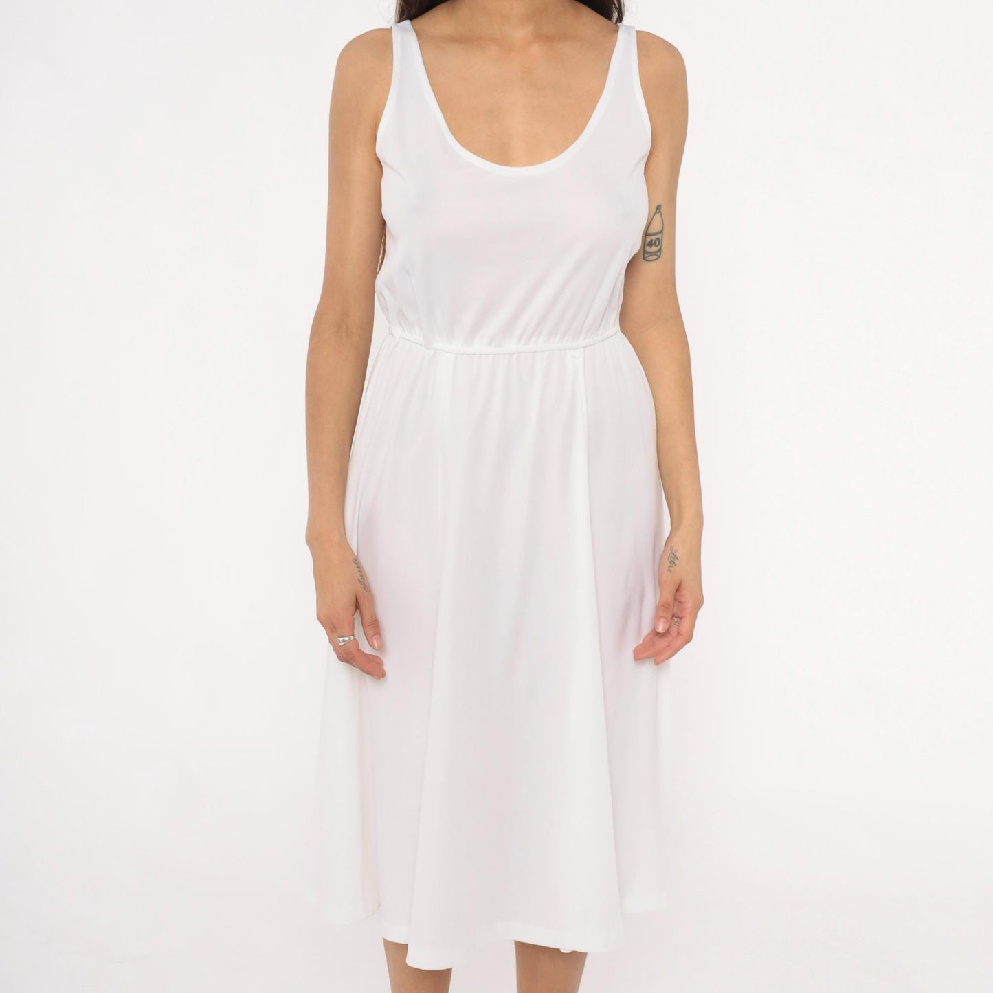 70s White Midi Dress Elastic Waist Scoop Neck A-Line Tank Strap Medium M