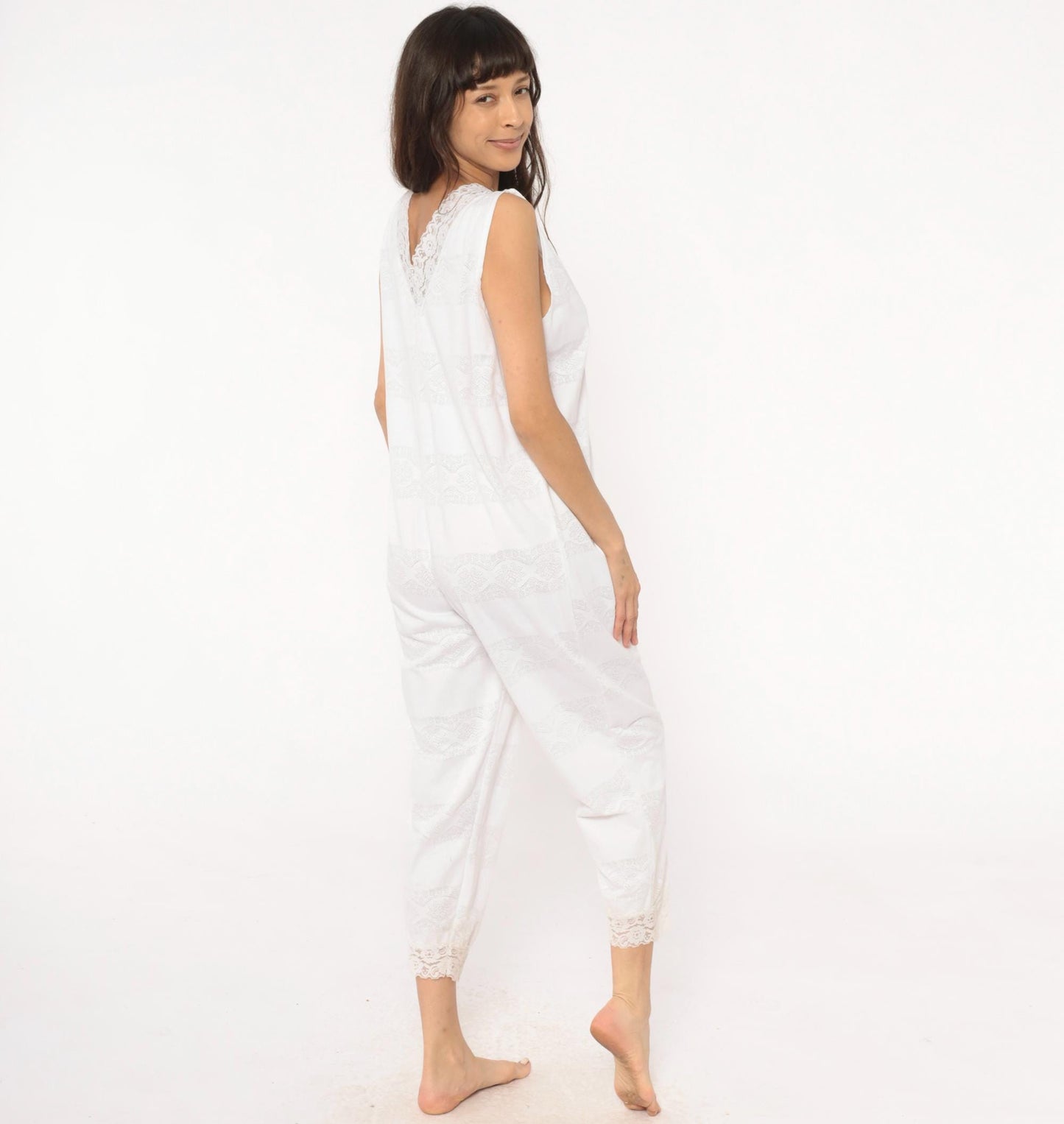 90s Candies White Lace Sleeveless Jumpsuit Cropped Ankle Cotton Medium M
