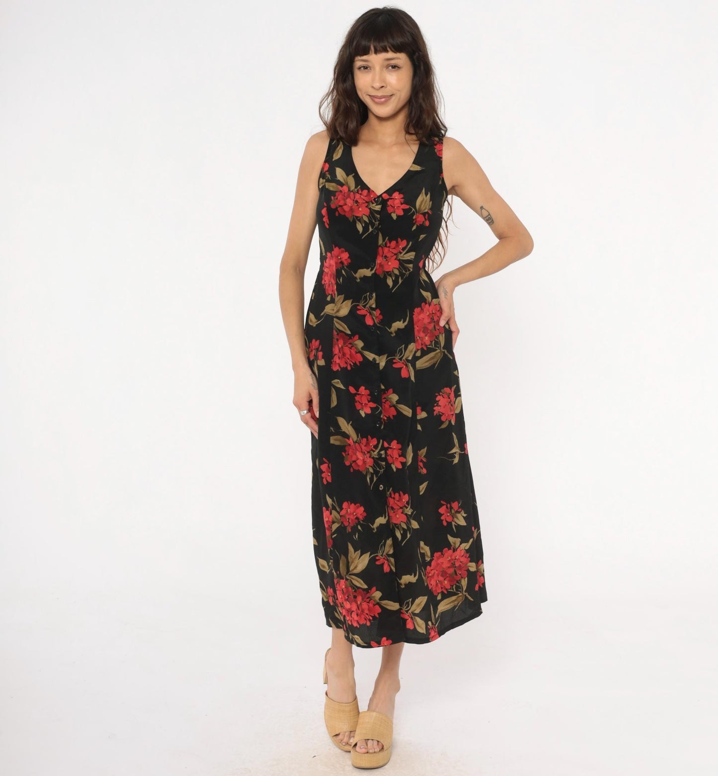 90s Expressions Floral Maxi Dress Black Red Coral Sleeveless V-Neck Medium