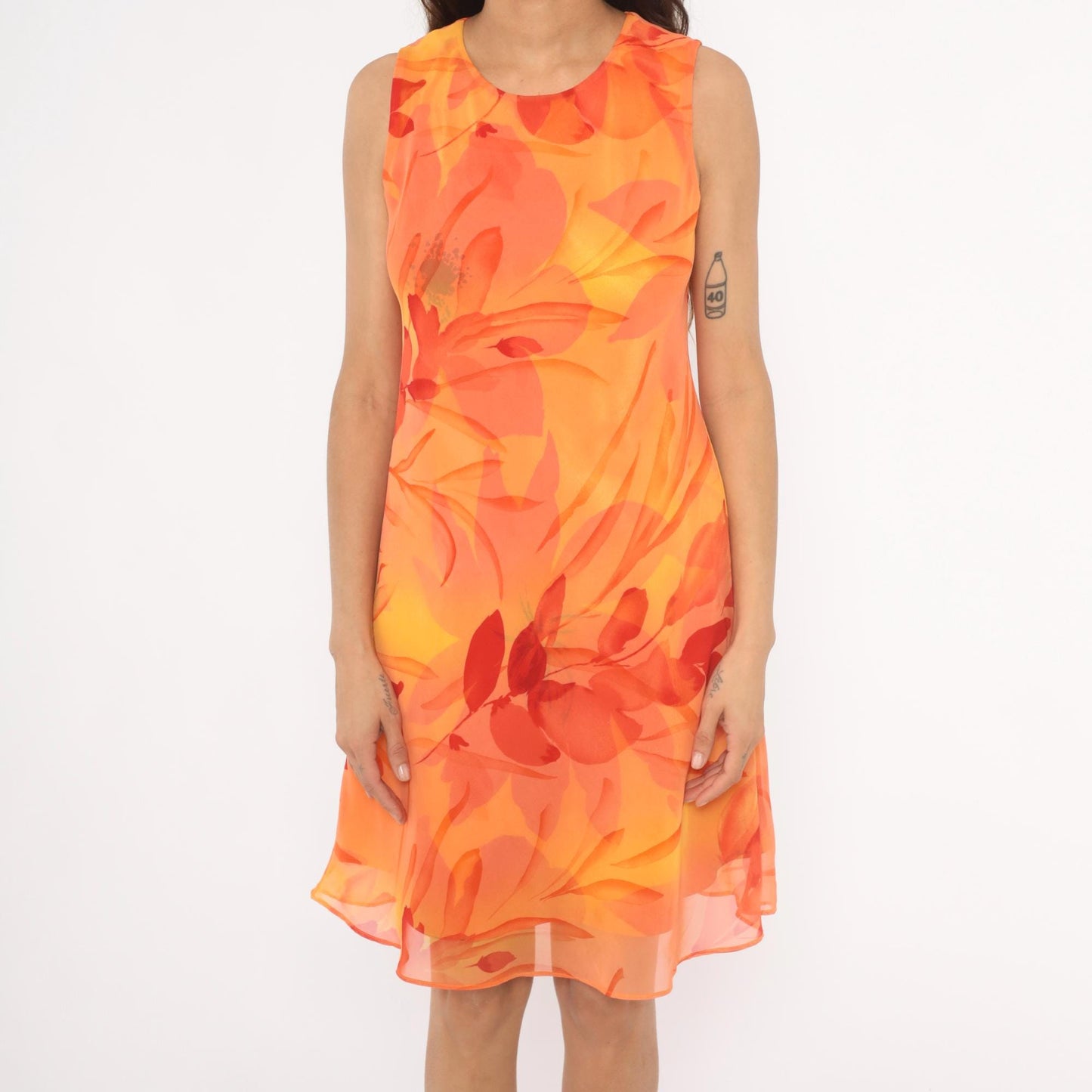90s Jessica Howard Orange Floral Chiffon Shift Dress Medium M