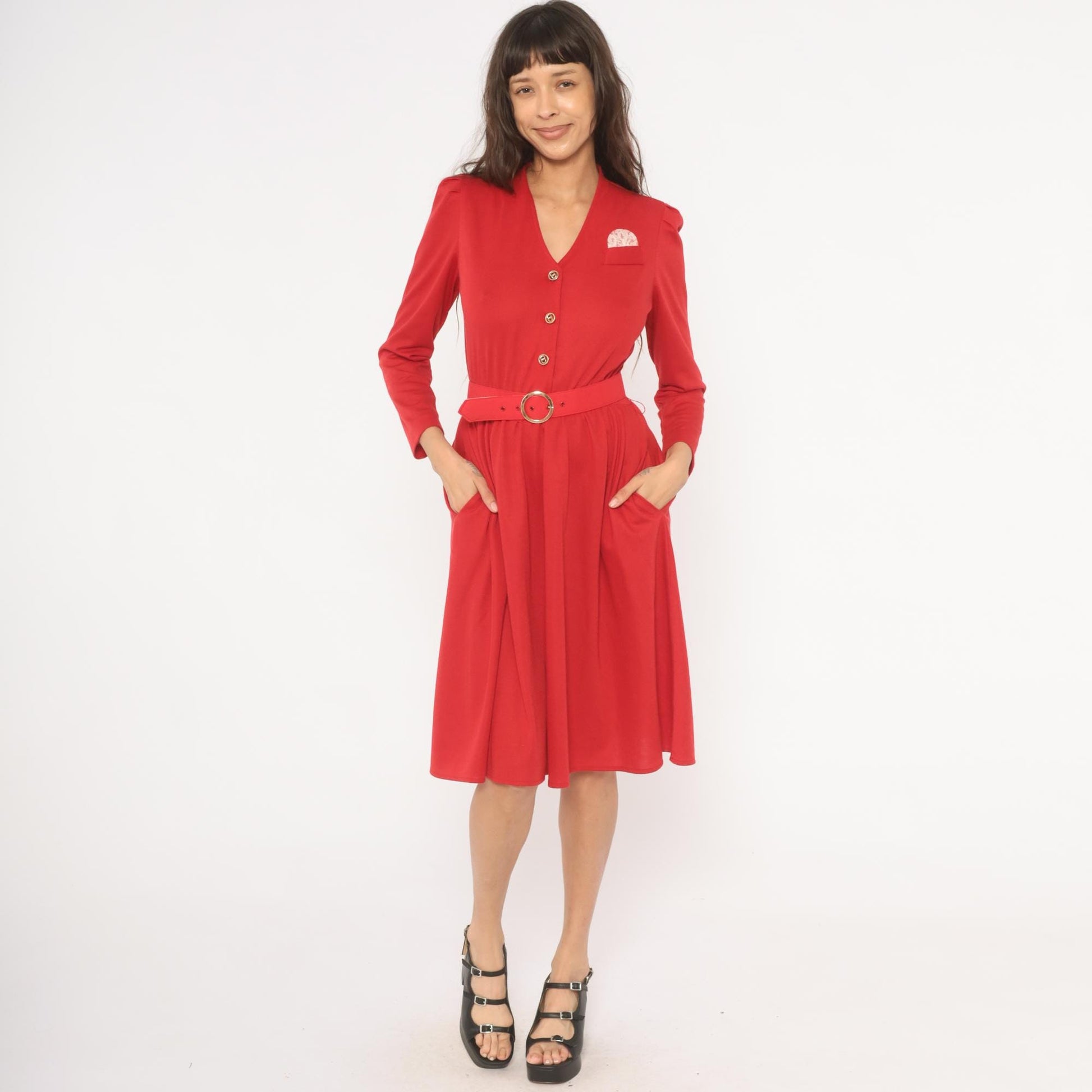 80s Tabby of California Red Day Dress Puff Sleeve V-Neck Gold Buttons Small S