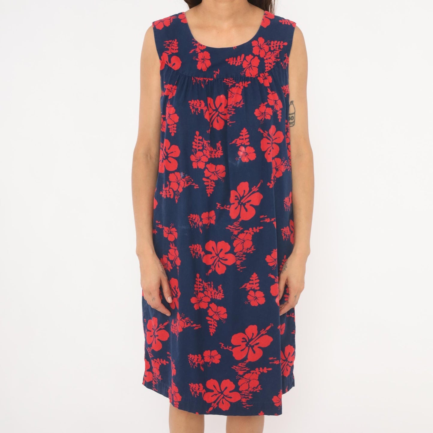 80s Ui-Makai Hawaiian Hibiscus Dress Navy Blue Red Floral Sleeveless Small