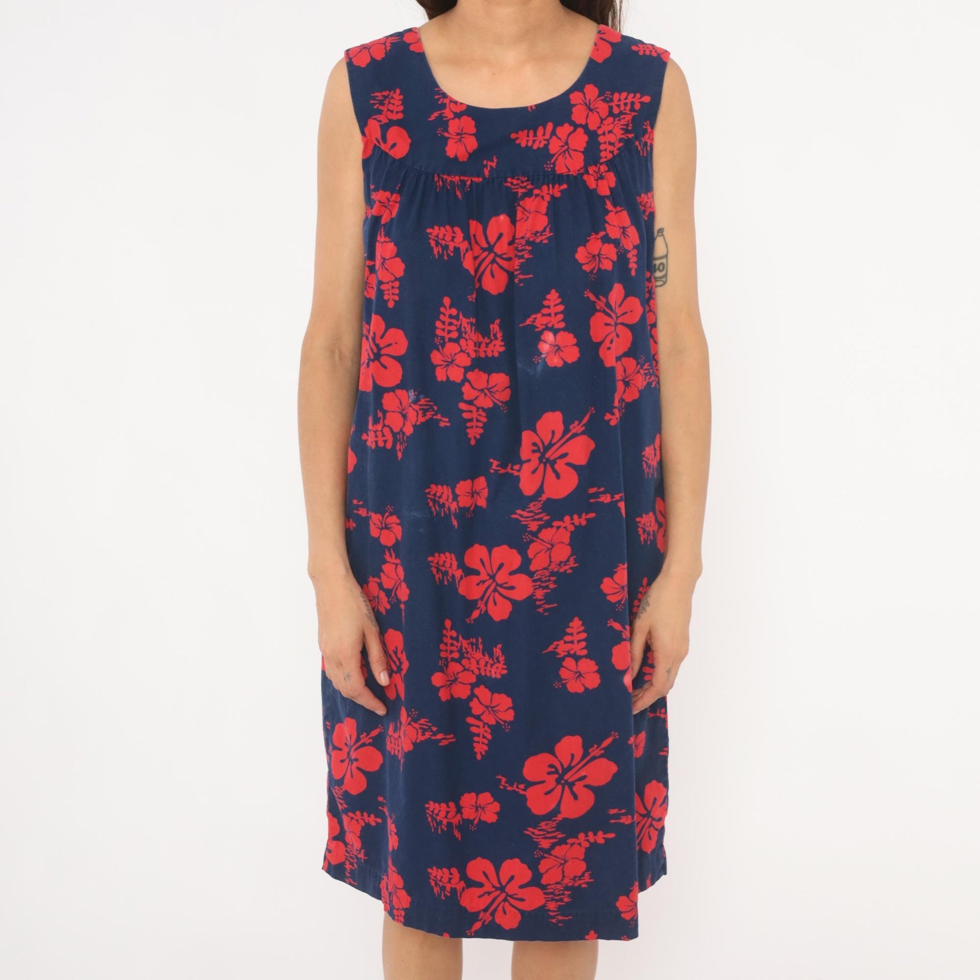 80s Ui-Makai Hawaiian Hibiscus Dress Navy Blue Red Floral Sleeveless Small