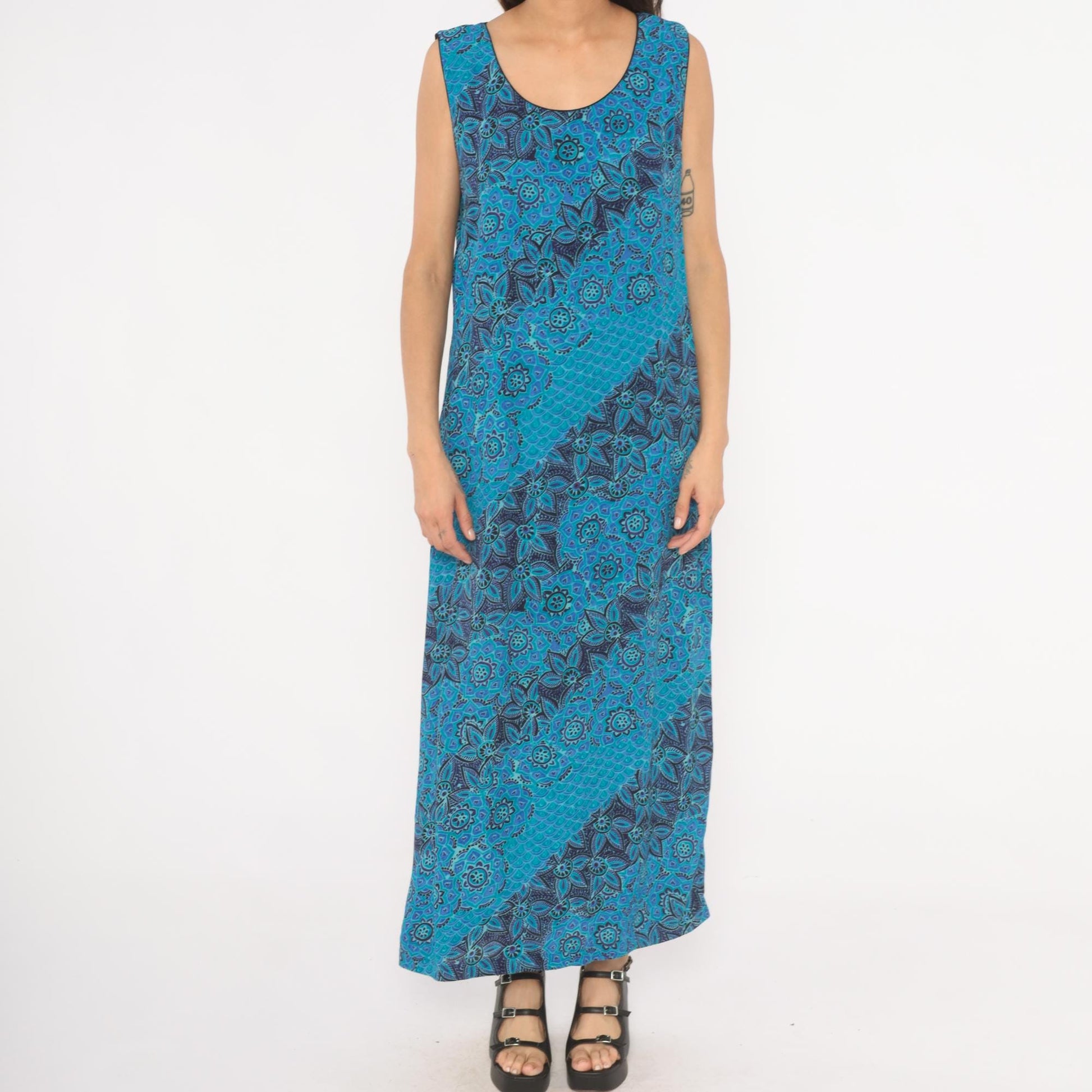 90s Sarah Elizabeth Batik Floral Maxi Dress Teal Navy Scoop Neck Tank Extra Large XL