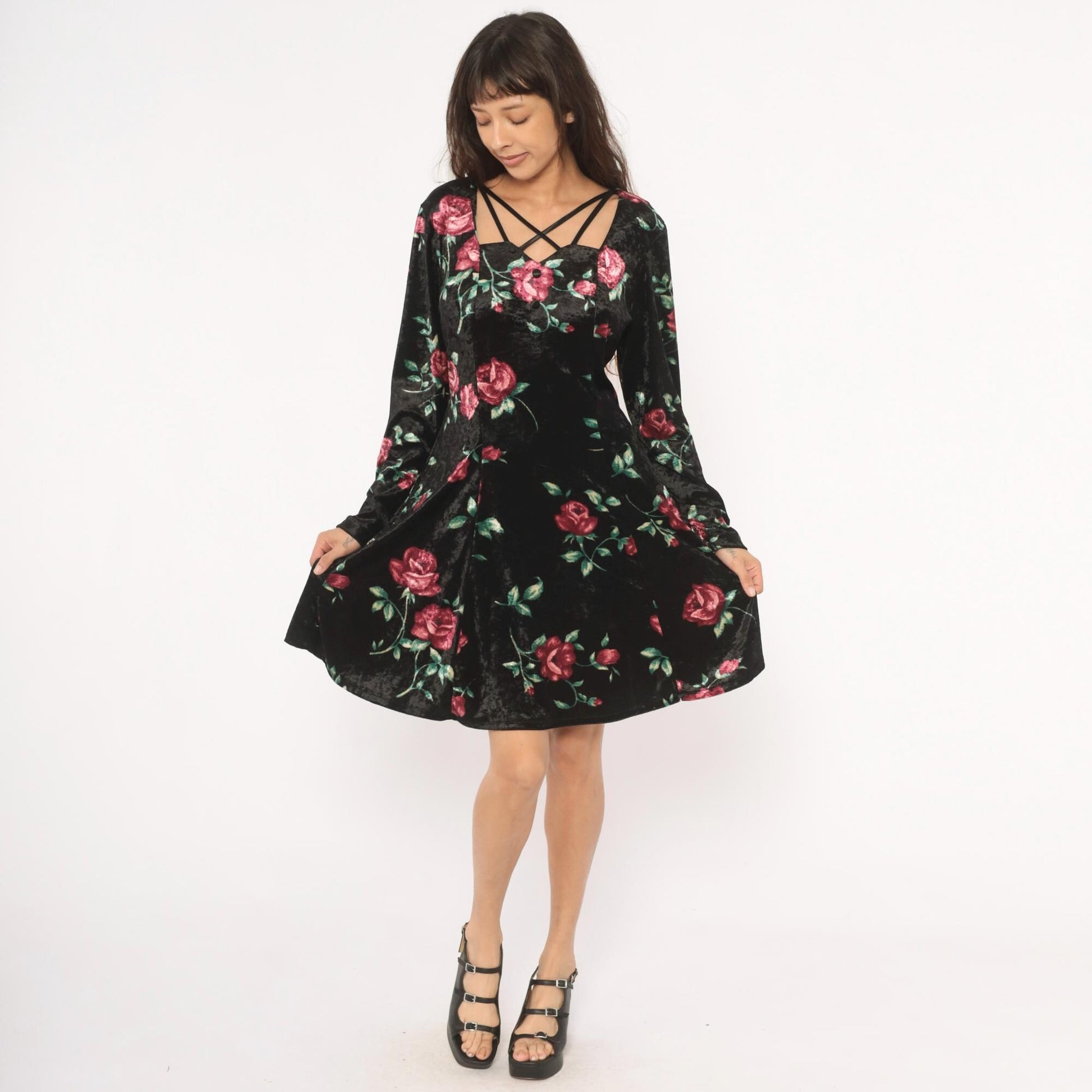 90s Jamie Brooke Velvet Mini Dress Black Rose Floral Square Neckline Large L