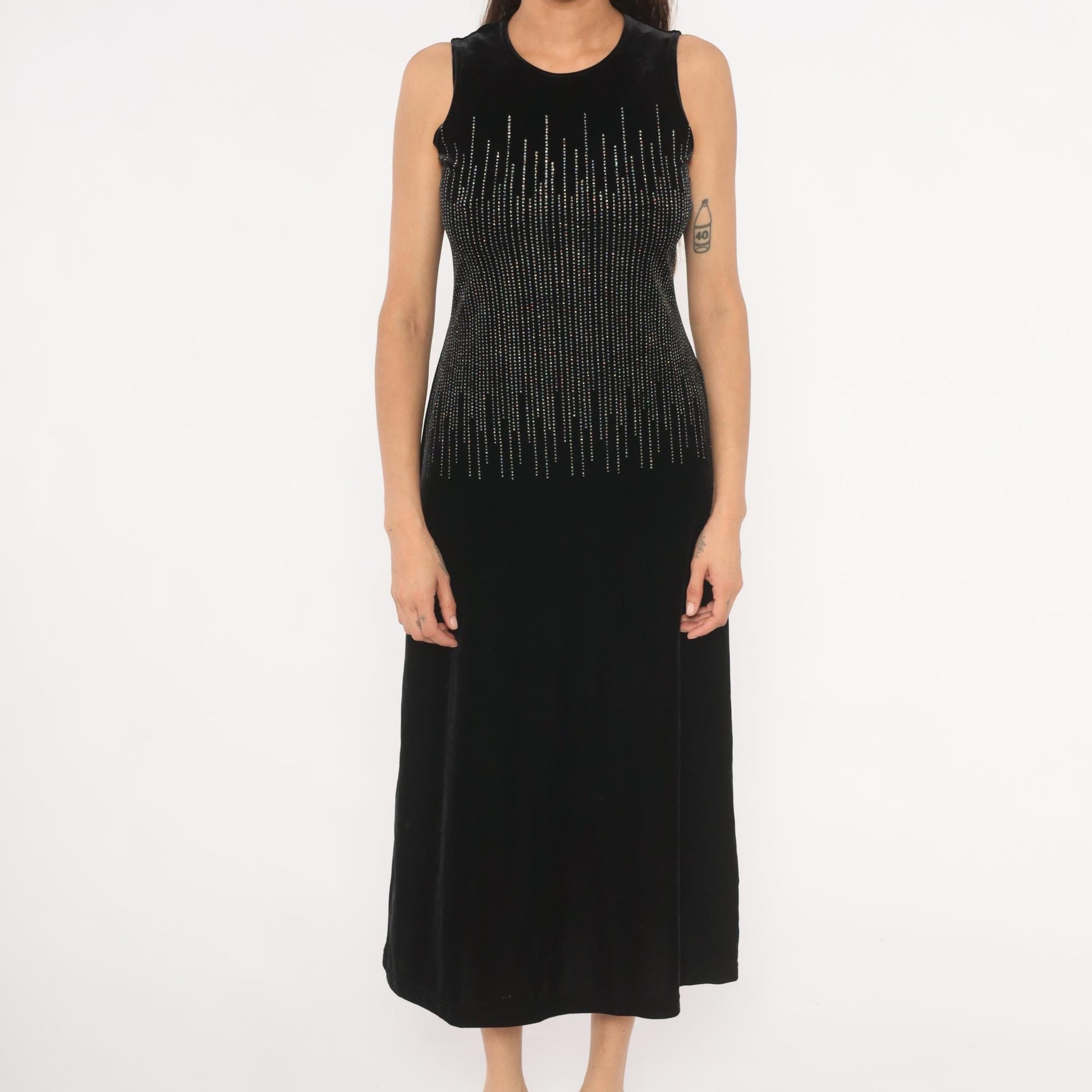 90s Ronni Nicole Black Velvet Midi Dress Silver Beaded Small S