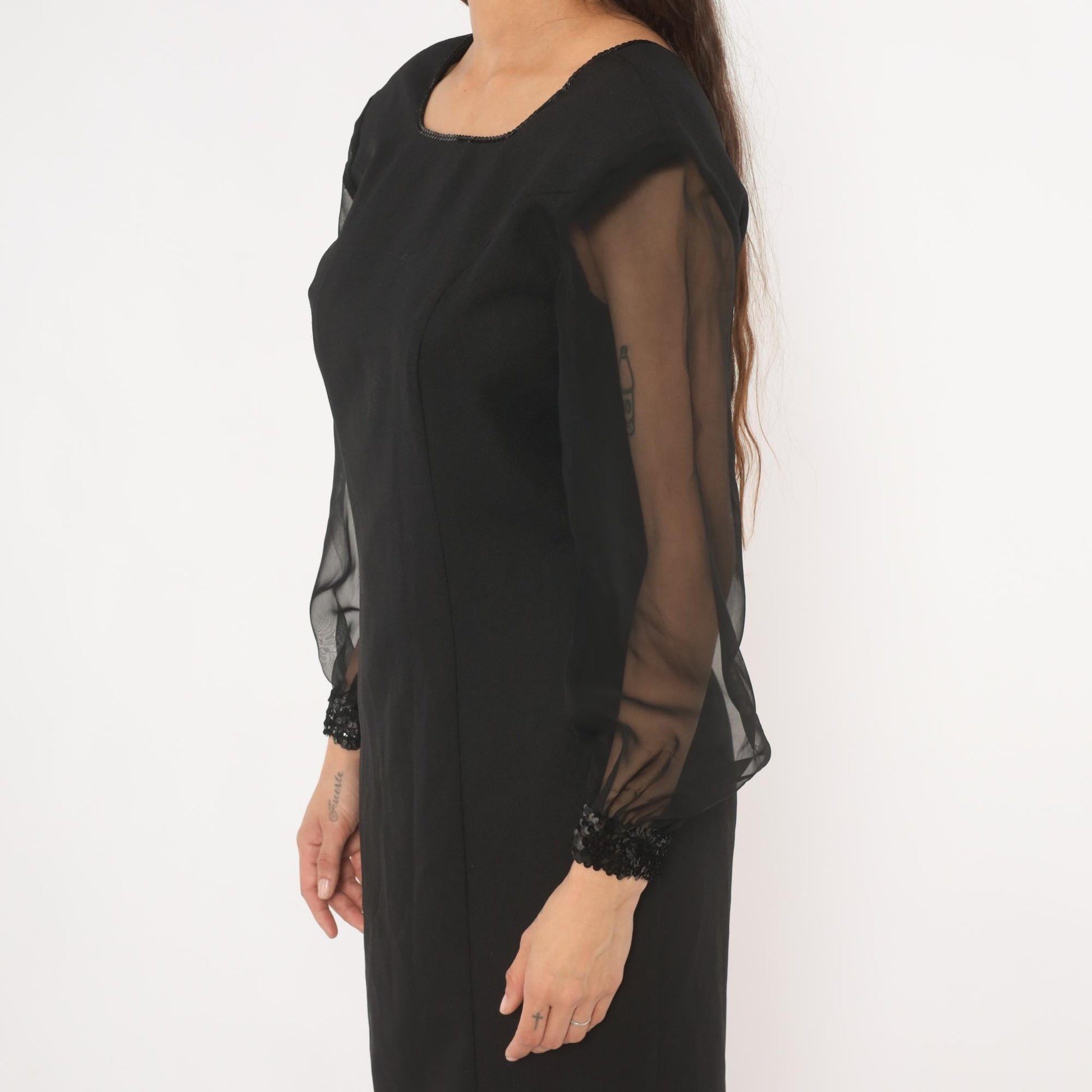 80s Caron Petite Black Pencil Dress Sequin Beaded Cuff Bishop Sleeve Medium