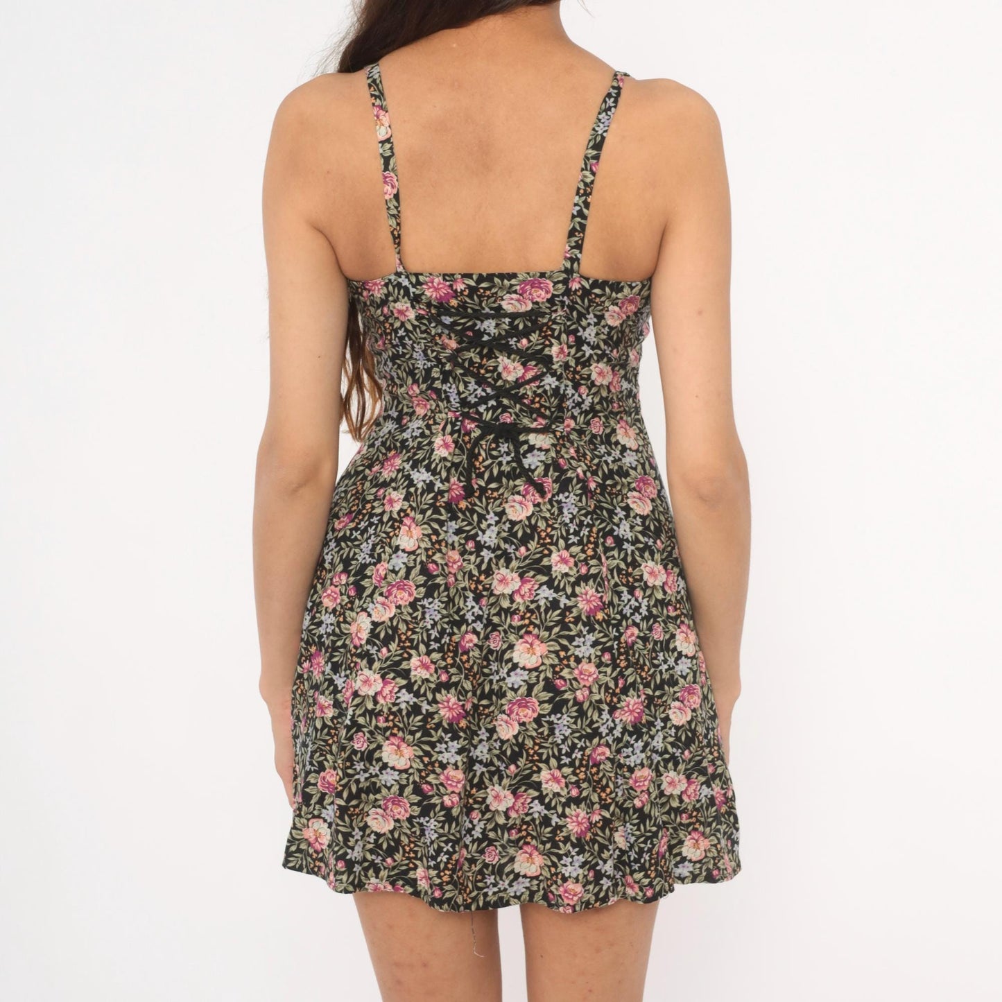 90s Black Floral Mini Sundress Pink Roses Lace-Up Back Spaghetti Strap Extra Small XS