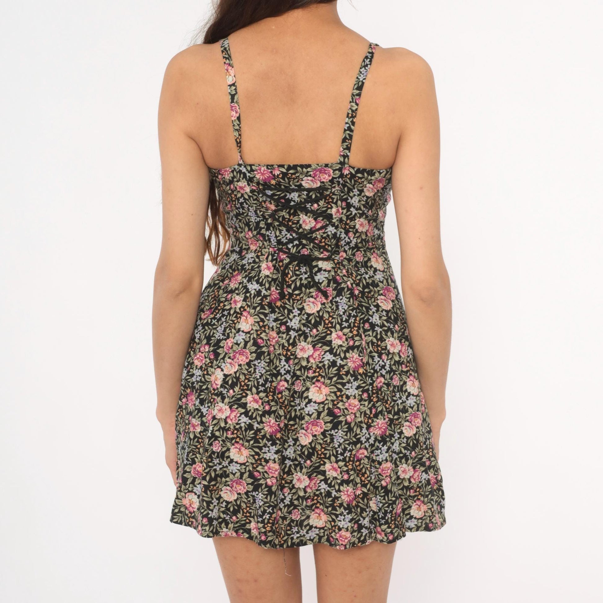 90s Black Floral Mini Sundress Pink Roses Lace-Up Back Spaghetti Strap Extra Small XS