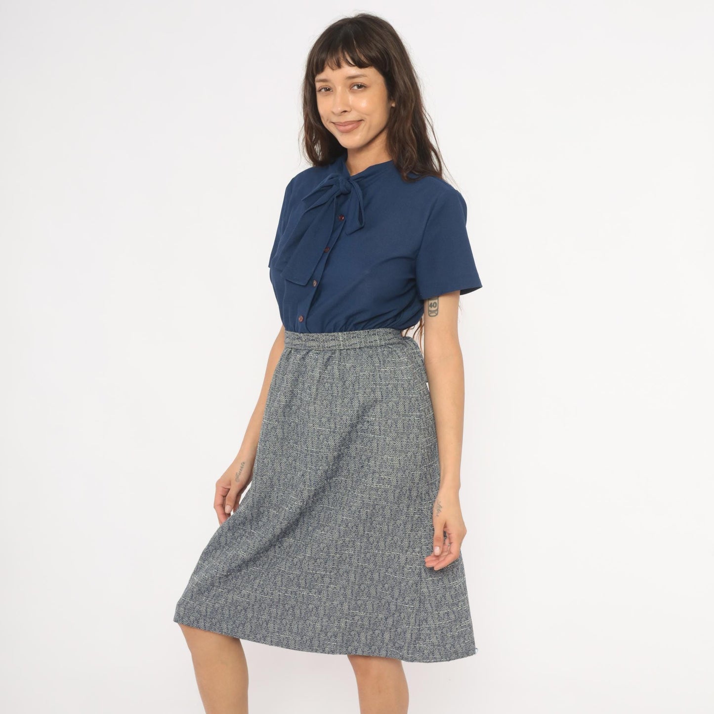 70s Sherri Lynn Navy Bow Tie Blouse Tweed A-Line Dress Knee Length Small