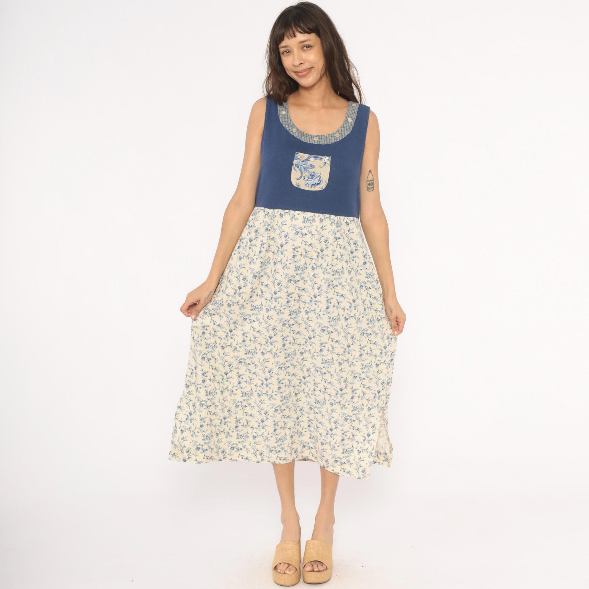 90s Napa Valley Floral Jumper Dress Blue Cream Linen Midi Large L