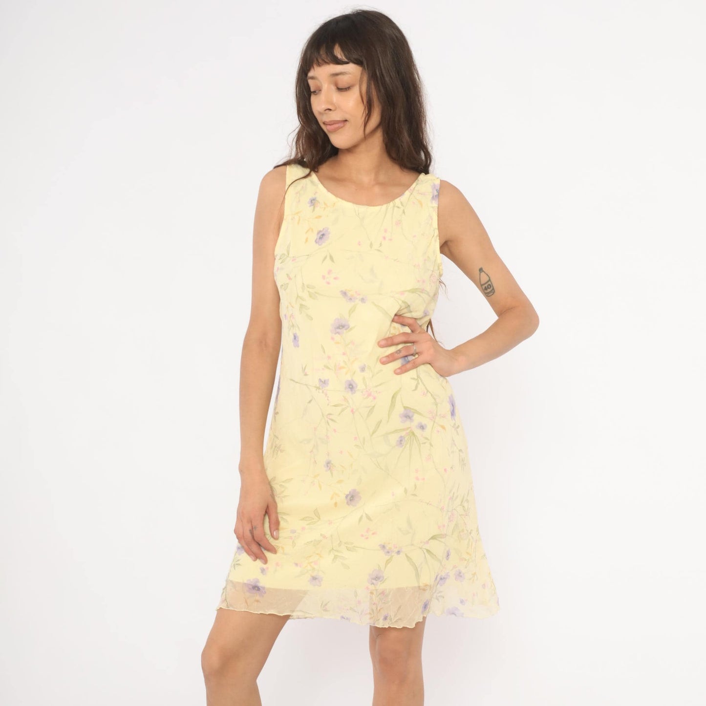 90s City Triangles Floral Chiffon A-Line Dress Yellow Lavender Small