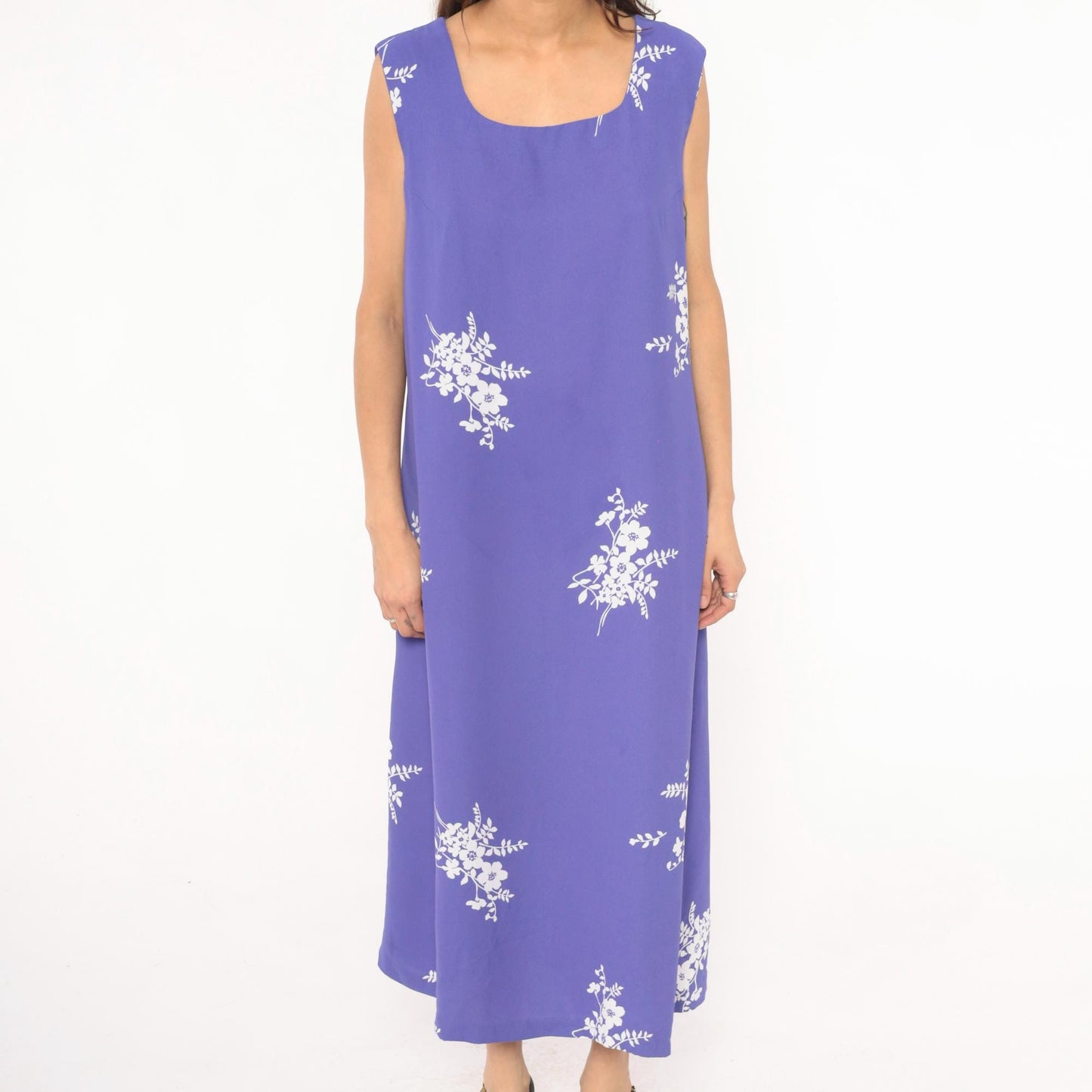 90s Periwinkle Floral Maxi Dress Sleeveless White Embroidered A-Line Extra Large XXL