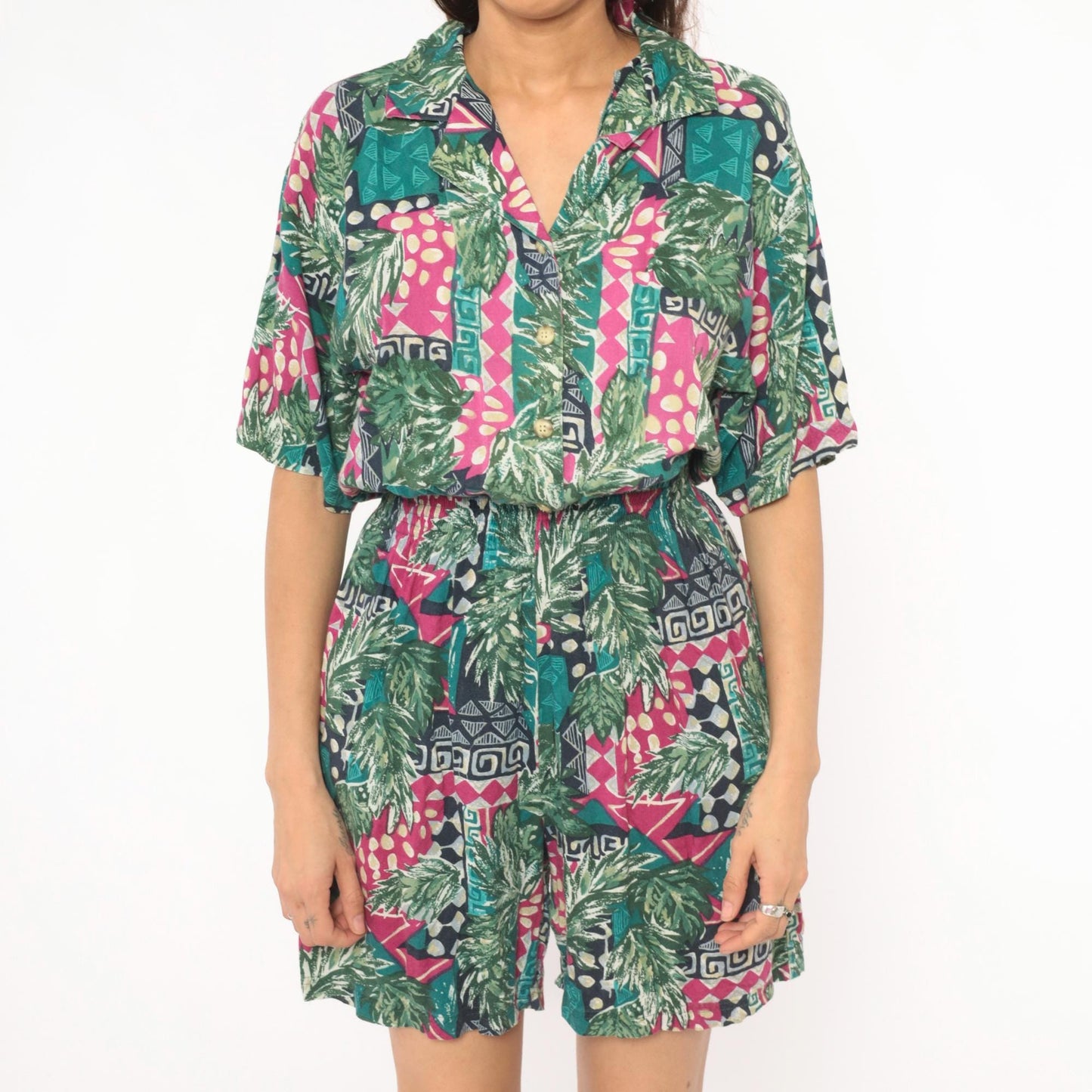 80s C.A. Sport Tropical Romper Green Magenta Leaf Print Button Front Small