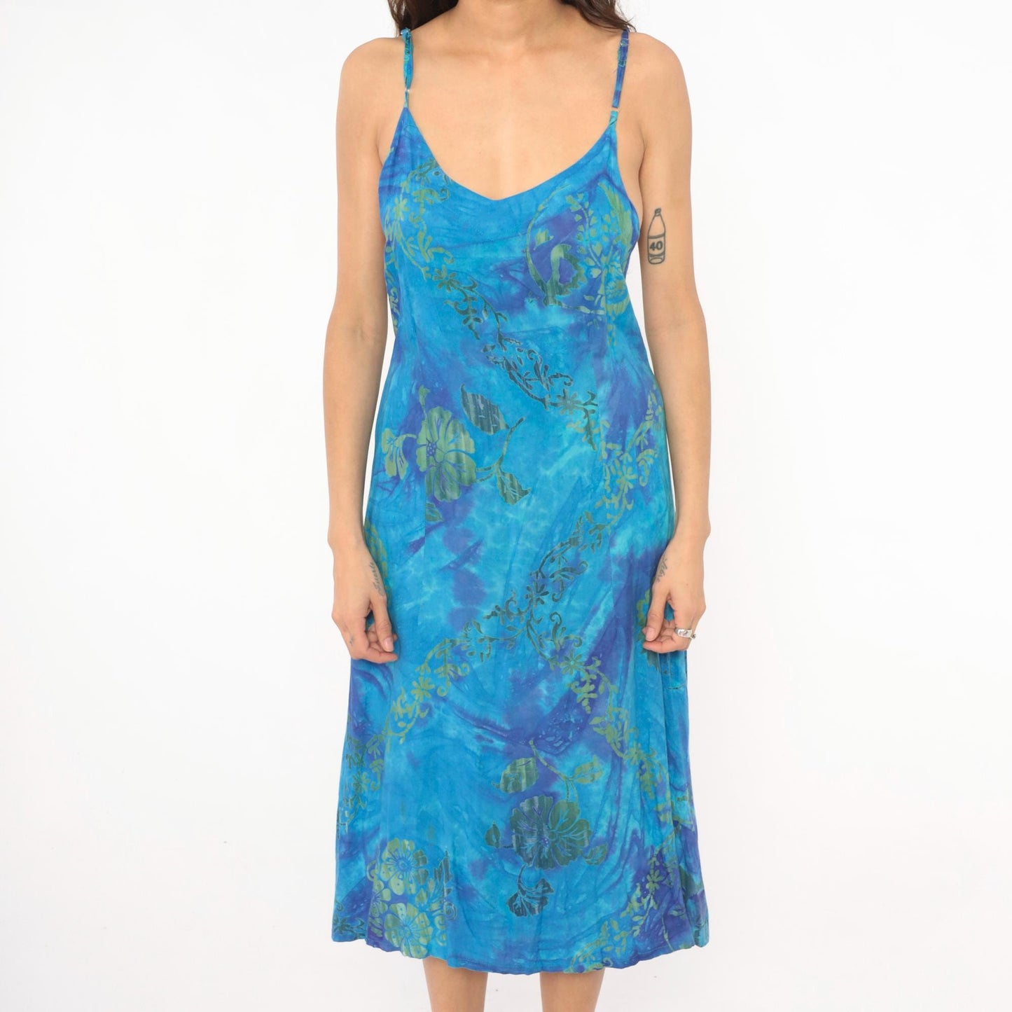 2000s Hand Kreation Tie Dye Slip Dress Blue Purple Hibiscus Floral Large L