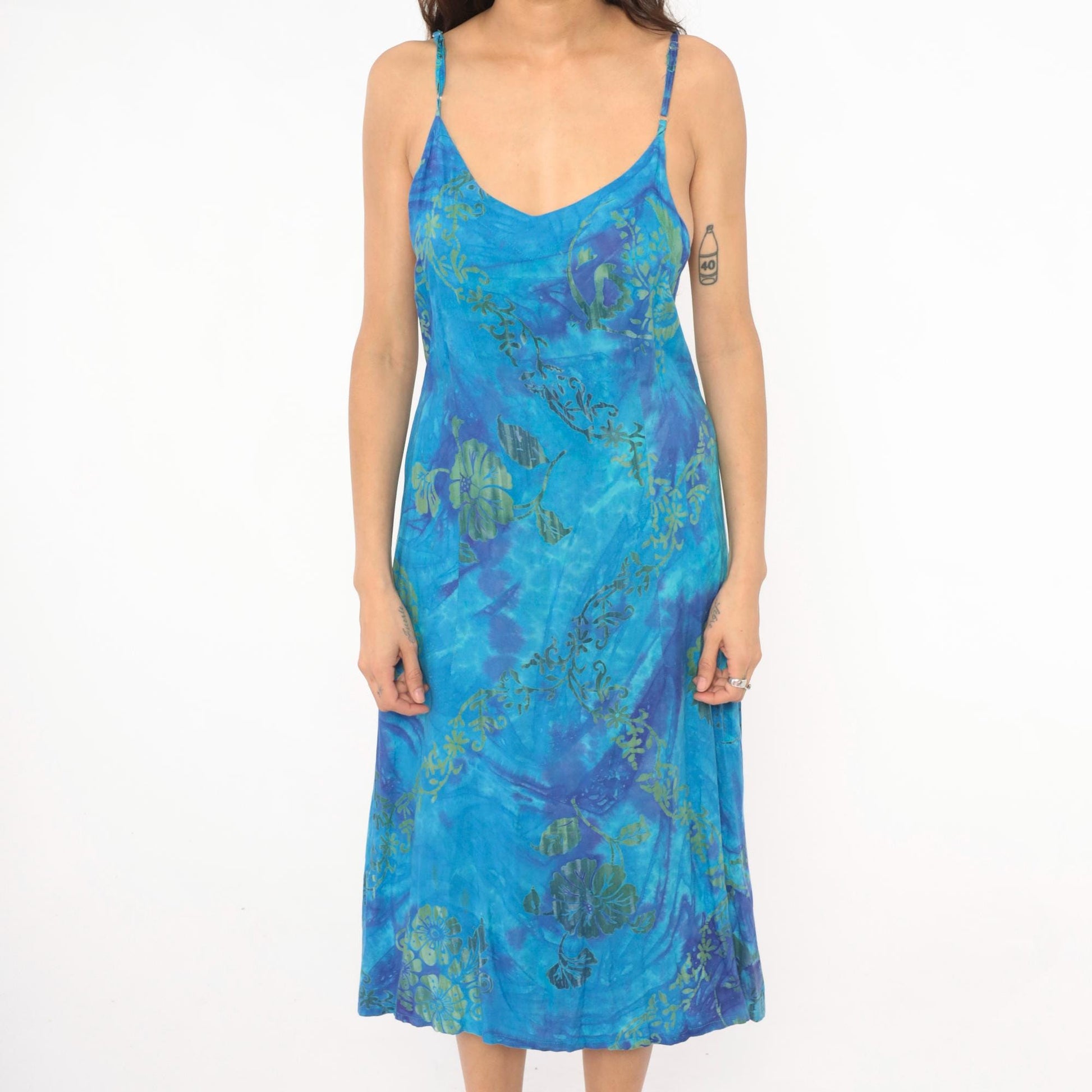 2000s Hand Kreation Tie Dye Slip Dress Blue Purple Hibiscus Floral Large L
