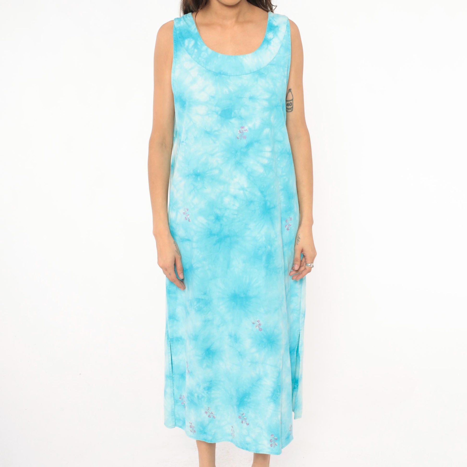 90s Basic Editions Tie Dye Maxi Dress Sky Blue Embroidered Floral Cotton Medium M