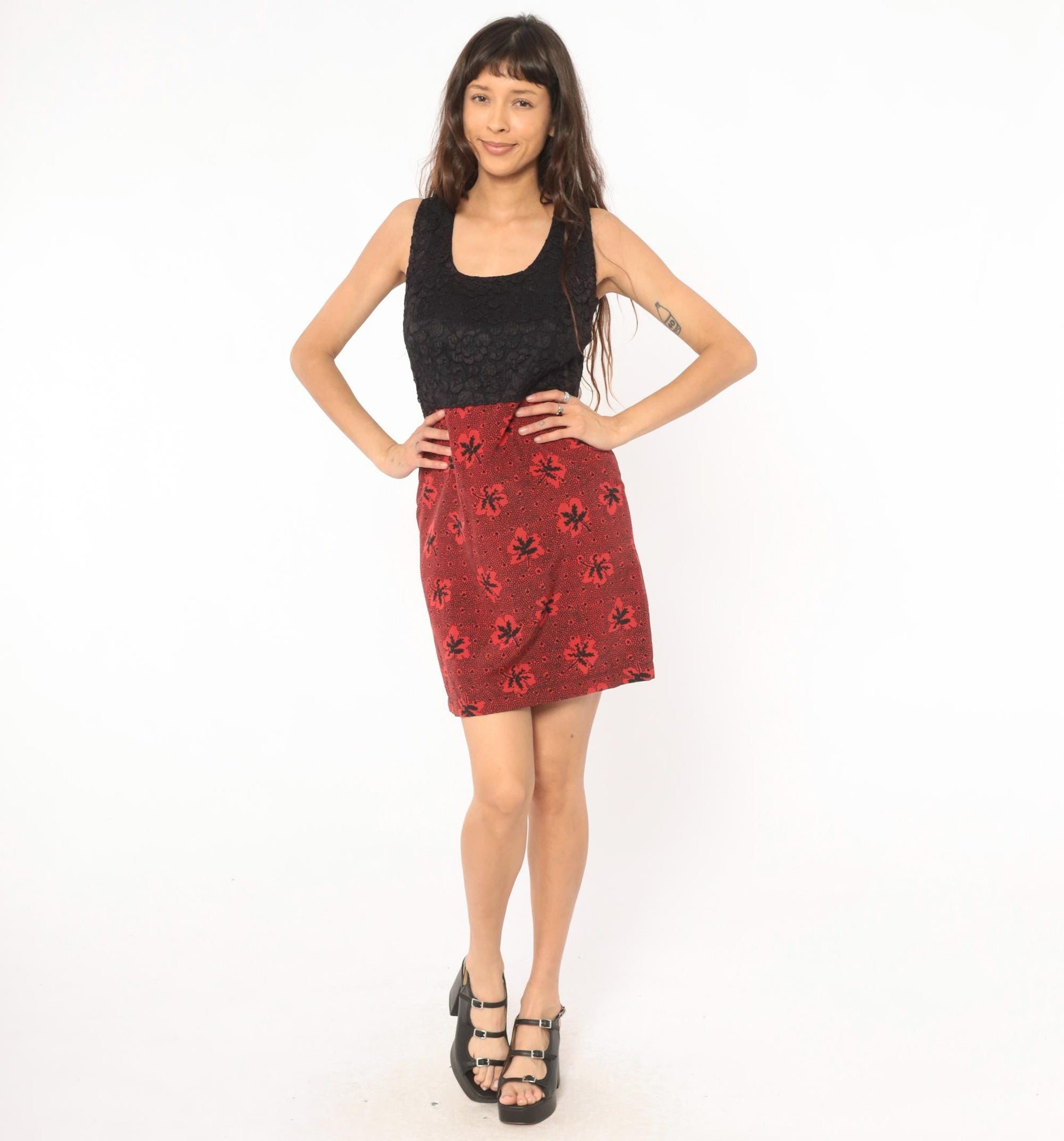 60s Colorblock Mini Dress Black Lace Bodice Red Leaf Print Empire Waist Small
