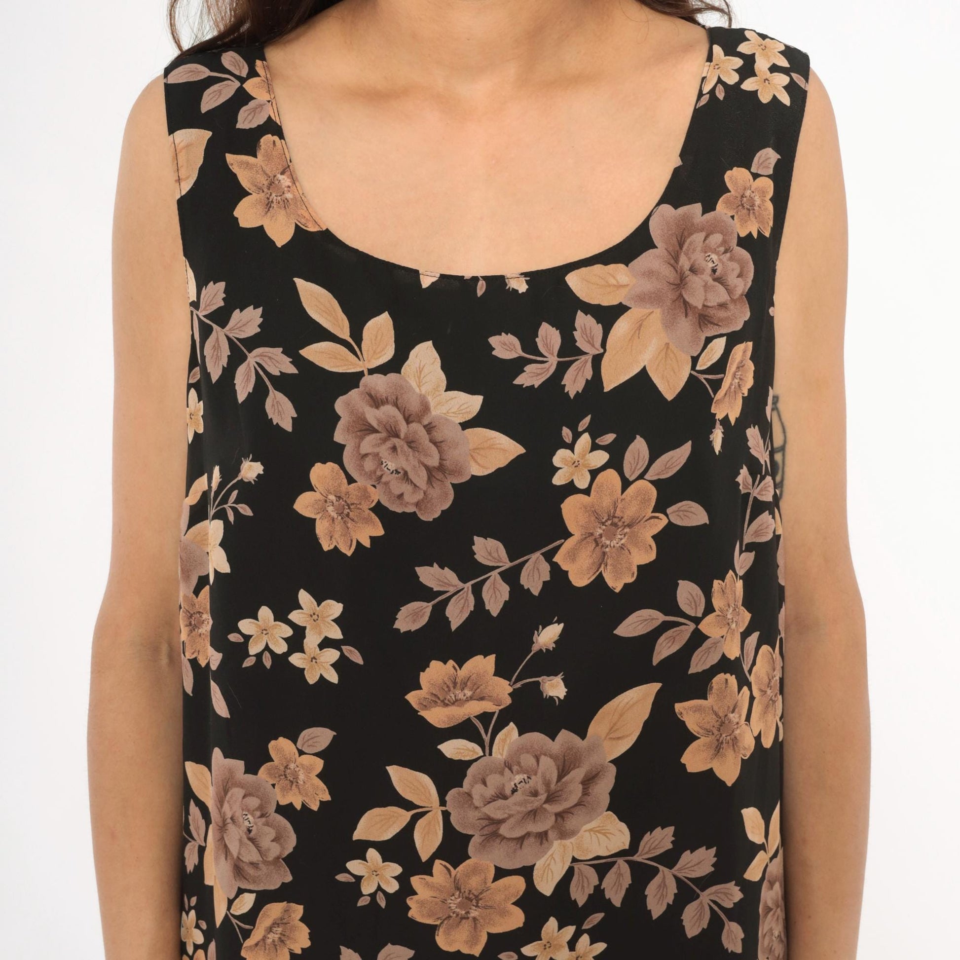 90s Laura Scott Floral Tank Dress Black Tan Rose Print Knee Length Extra Large XL