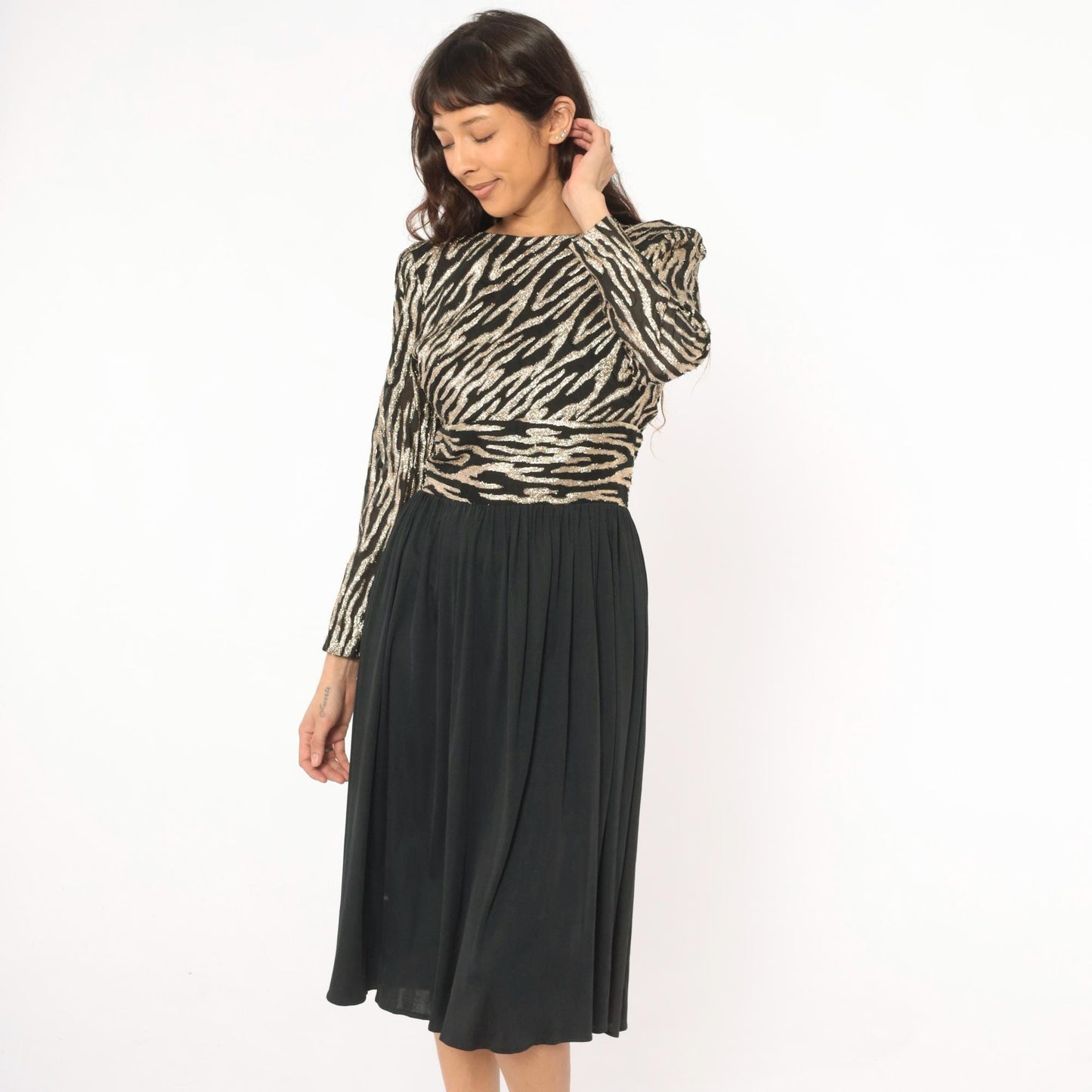 80s Ursula of Switzerland Gold Zebra Stripe Midi Dress Black Long Sleeve Medium M