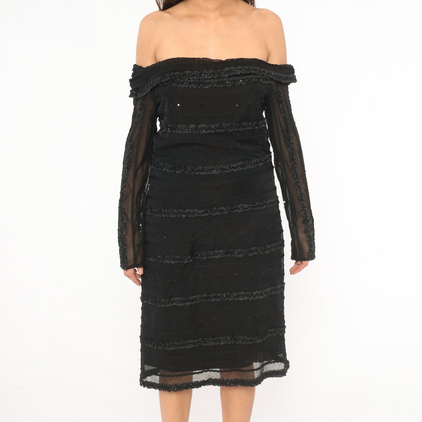 90s Tadashi Off-Shoulder Beaded Cocktail Dress Black Mesh Knee-Length Large L
