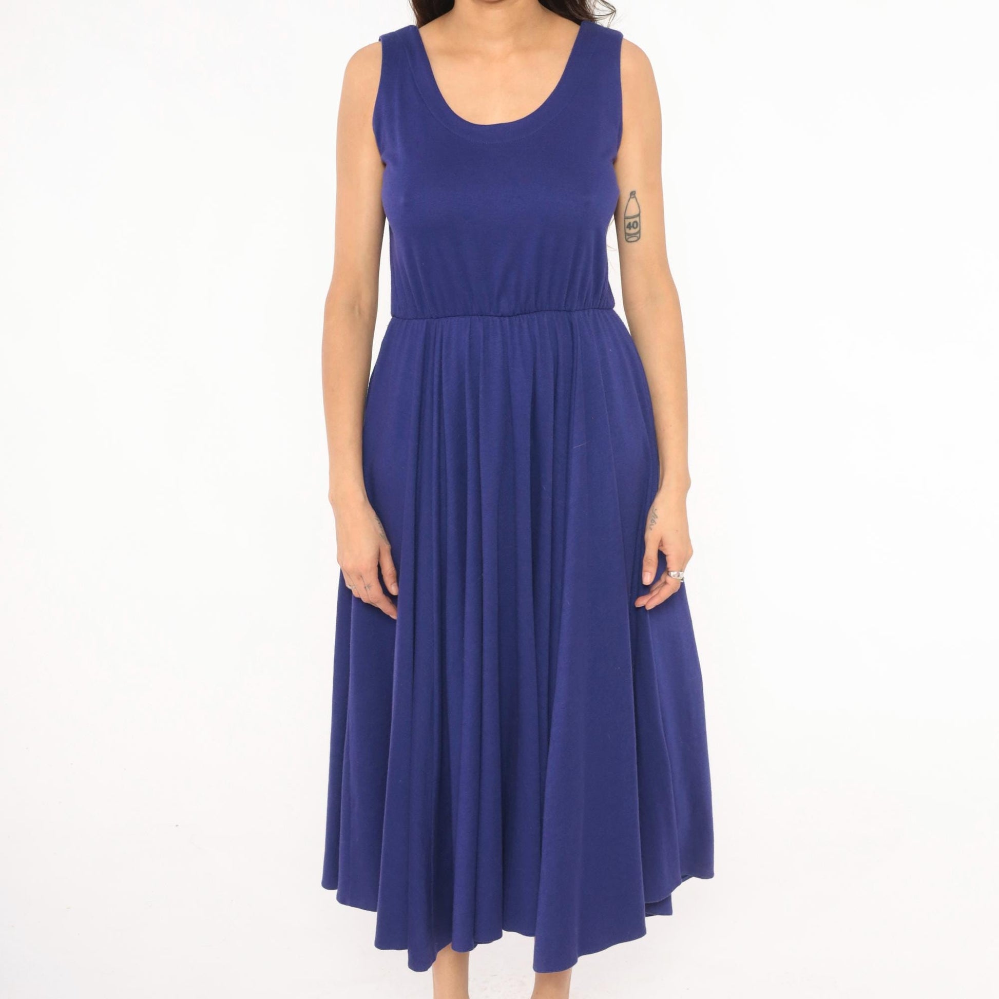 80s Rosemary Brantley Indigo Midi Sundress Scoop Neck Circle Skirt Large L