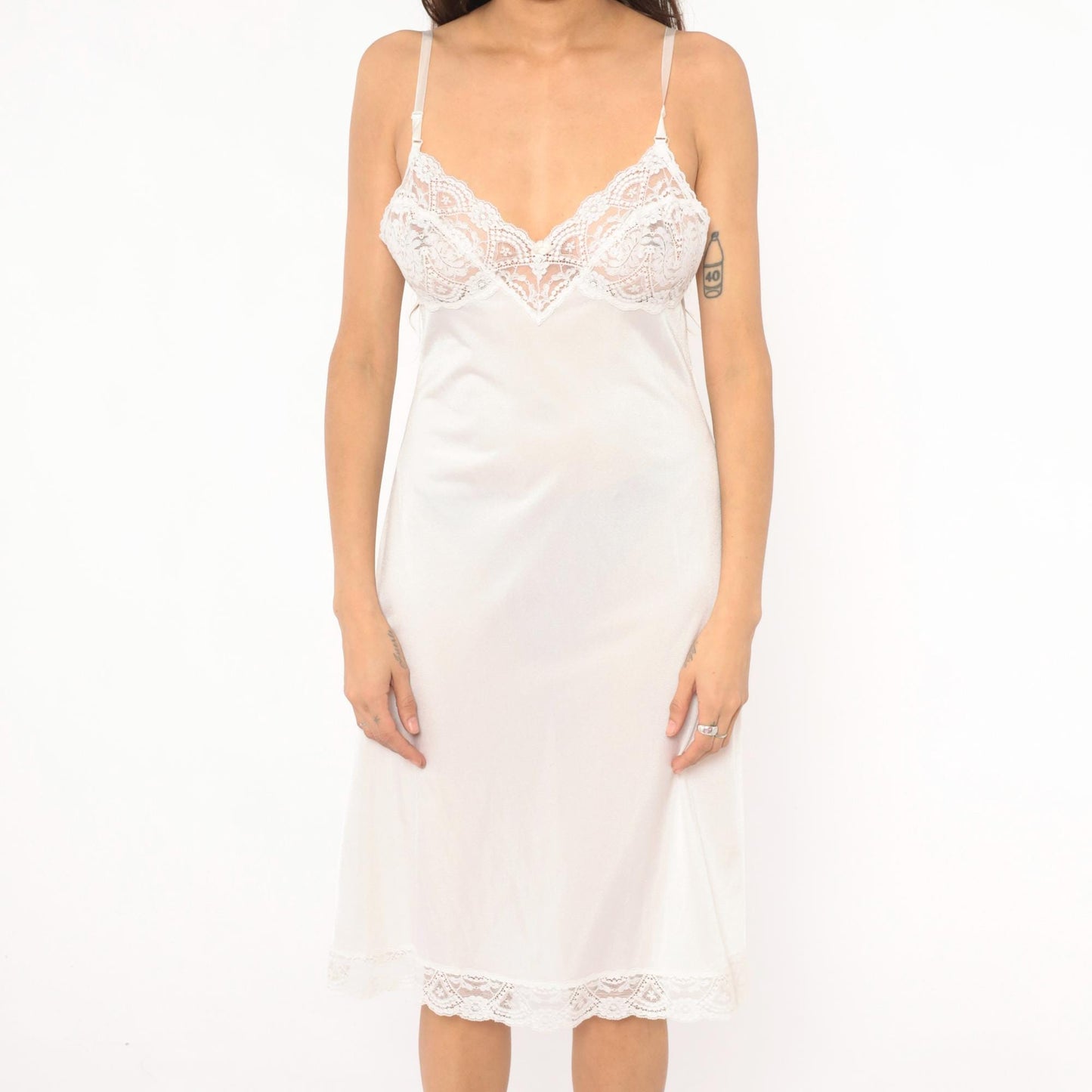 80s Vassarette White Nylon Slip Dress Scalloped Lace Spaghetti Strap Large L