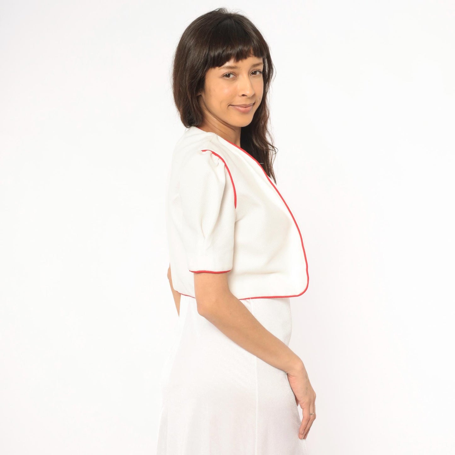 70s Nancy Stevens White Bolero Jacket Red Piping Puff Sleeve Cropped Extra Small