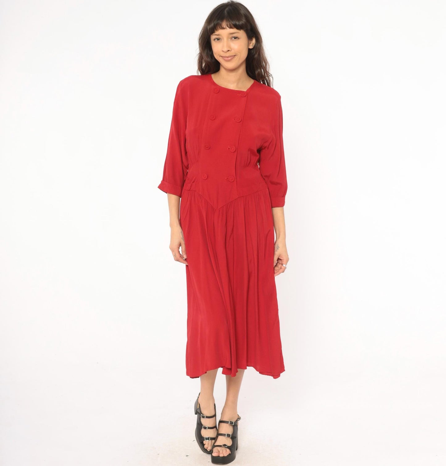 80s Piccolino Petites Crimson Double Breasted Midi Dress Round Neck Small Medium