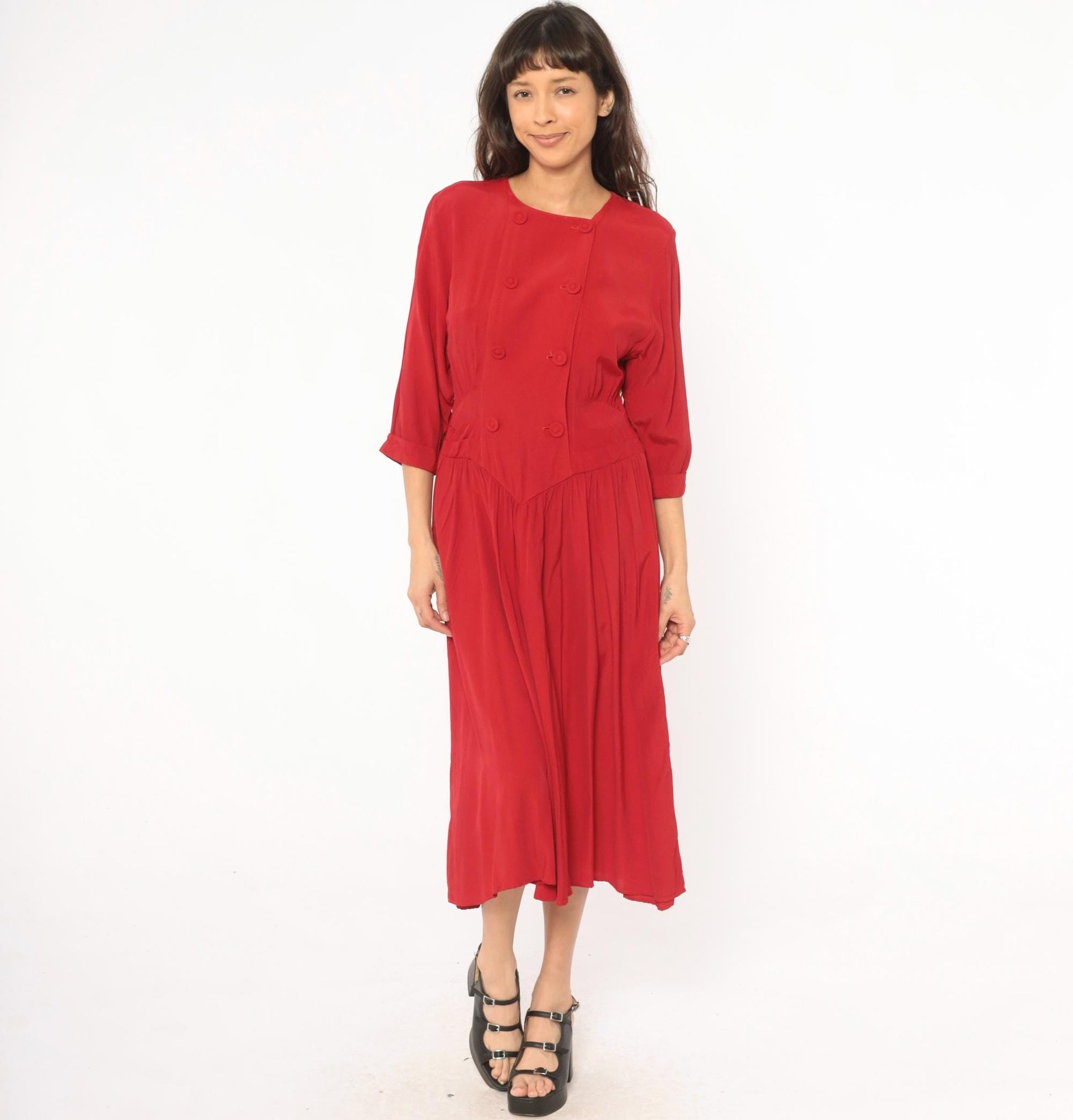 80s Piccolino Petites Crimson Double Breasted Midi Dress Round Neck Small Medium