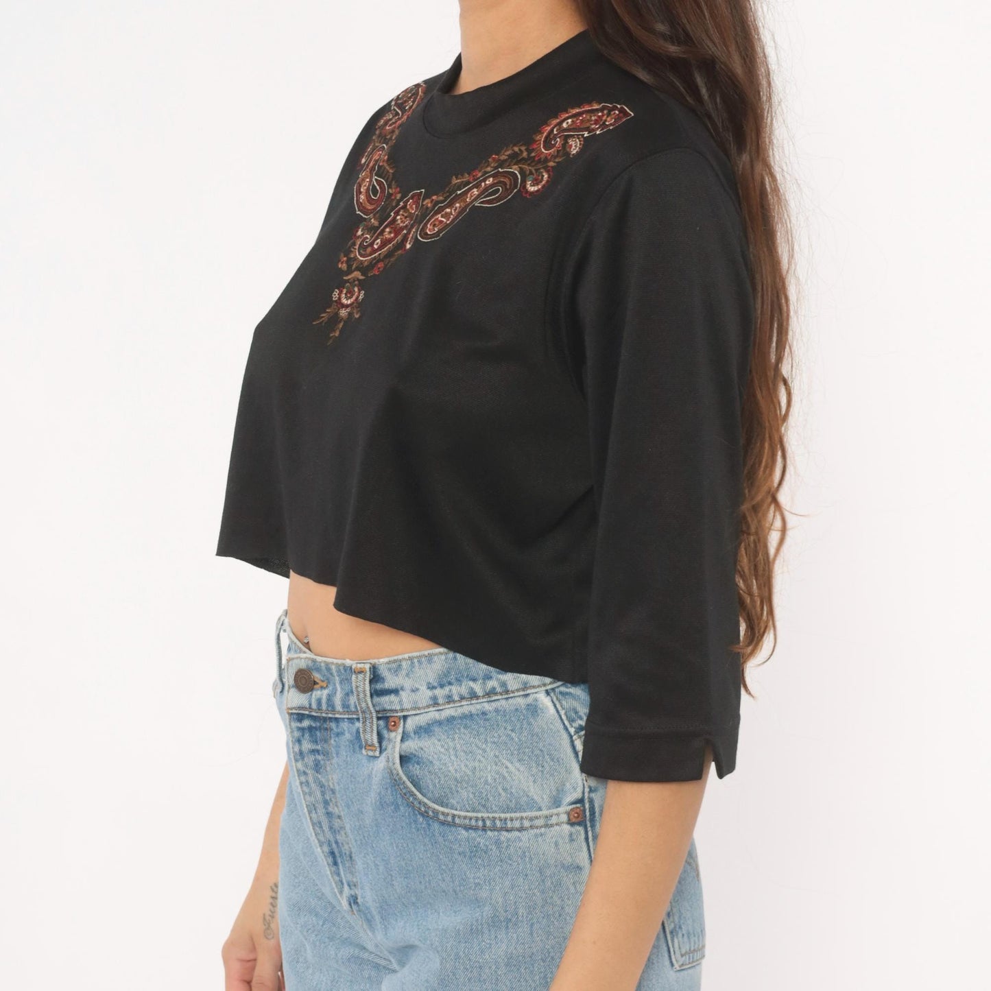 80s Bon Worth Paisley Embroidered Crop Top Black Three Quarter Sleeve Small