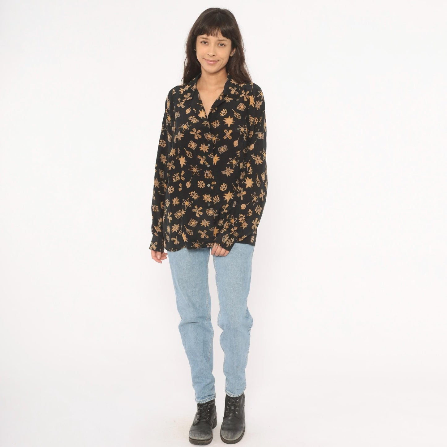 90s Annie Alexander Silk Blouse Black Gold Abstract Print Notched Collar Large L