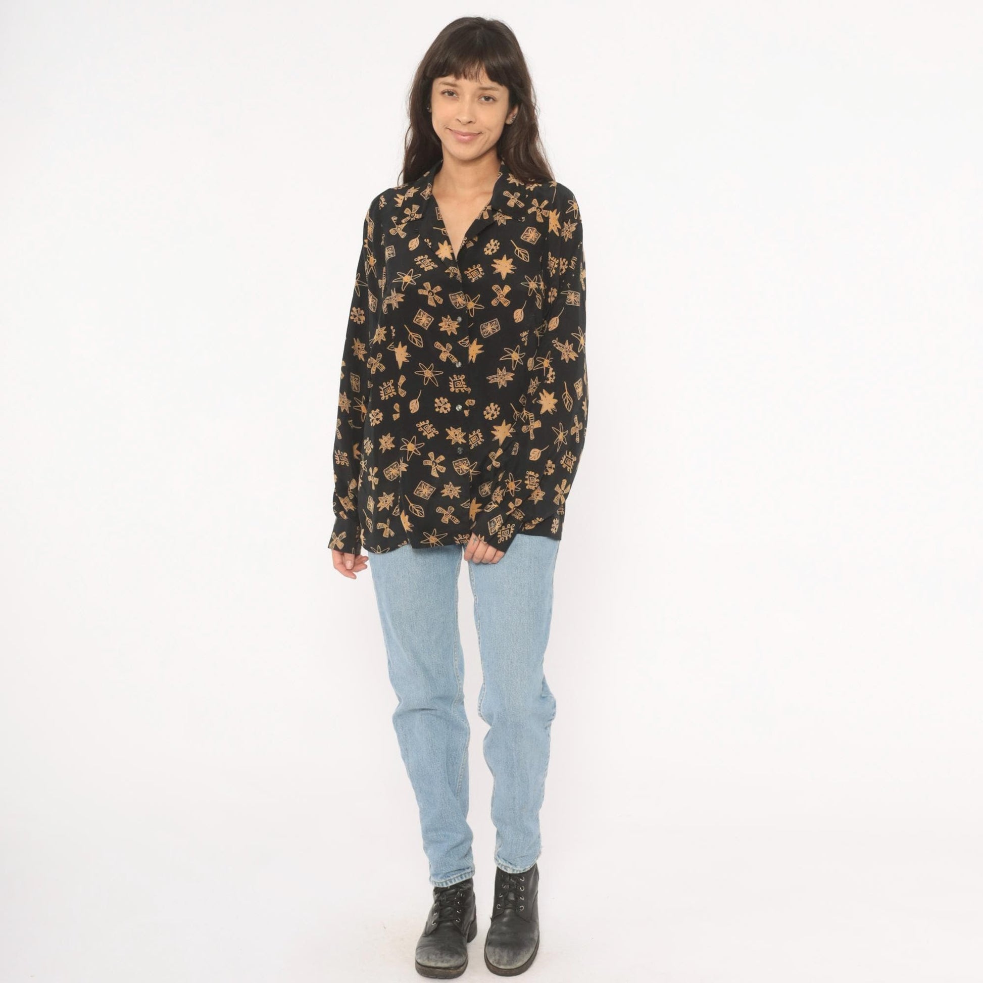 90s Annie Alexander Silk Blouse Black Gold Abstract Print Notched Collar Large L