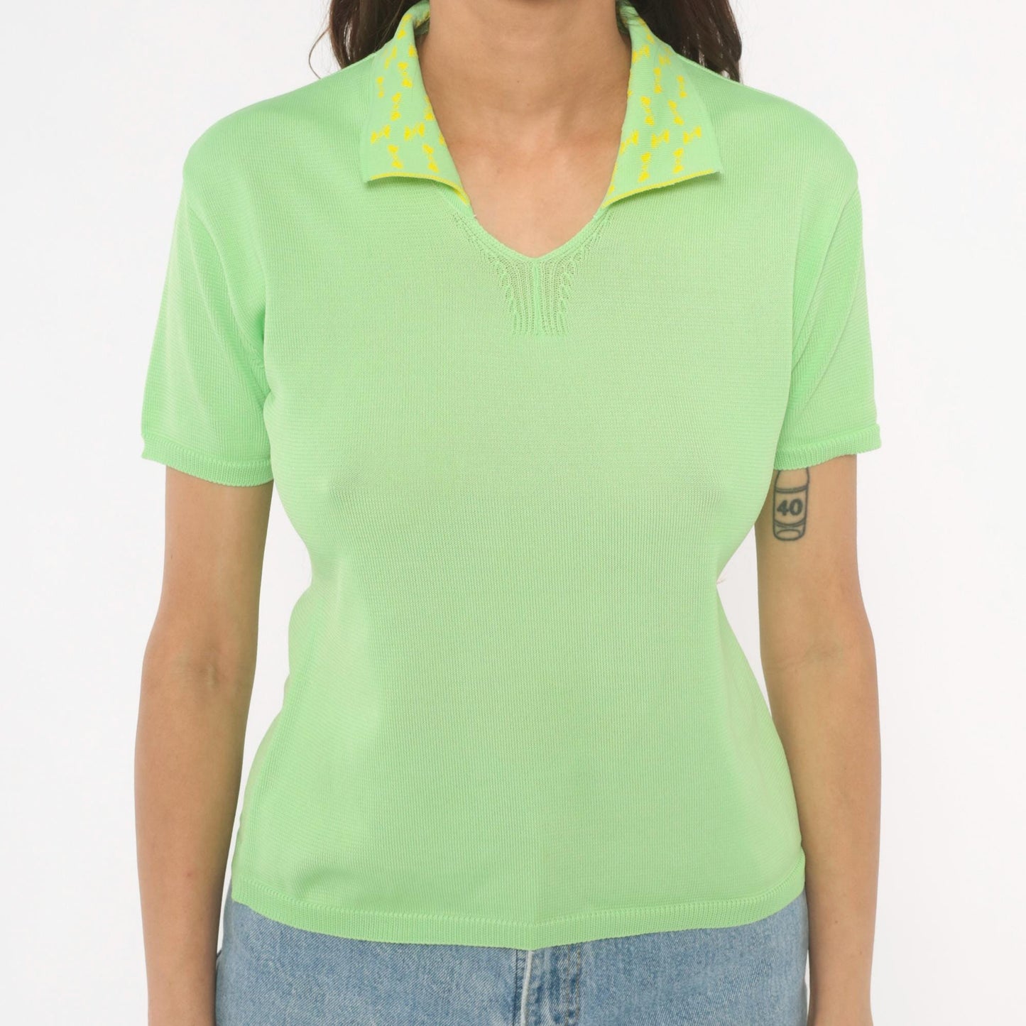 90s Lime Green Polo Knit Yellow Patterned Collar Fitted Pullover Small