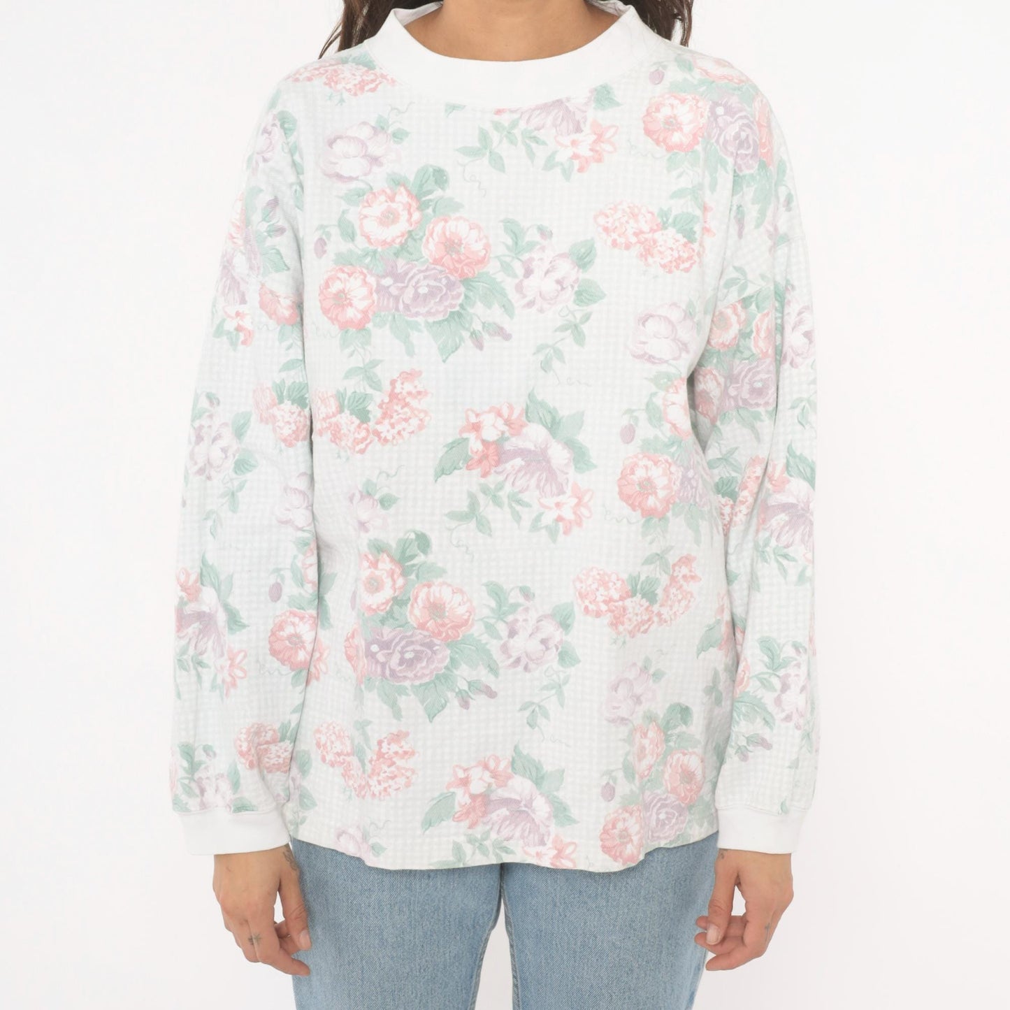 90s Floral Crewneck Sweatshirt Pink Lavender Rose Print White Medium