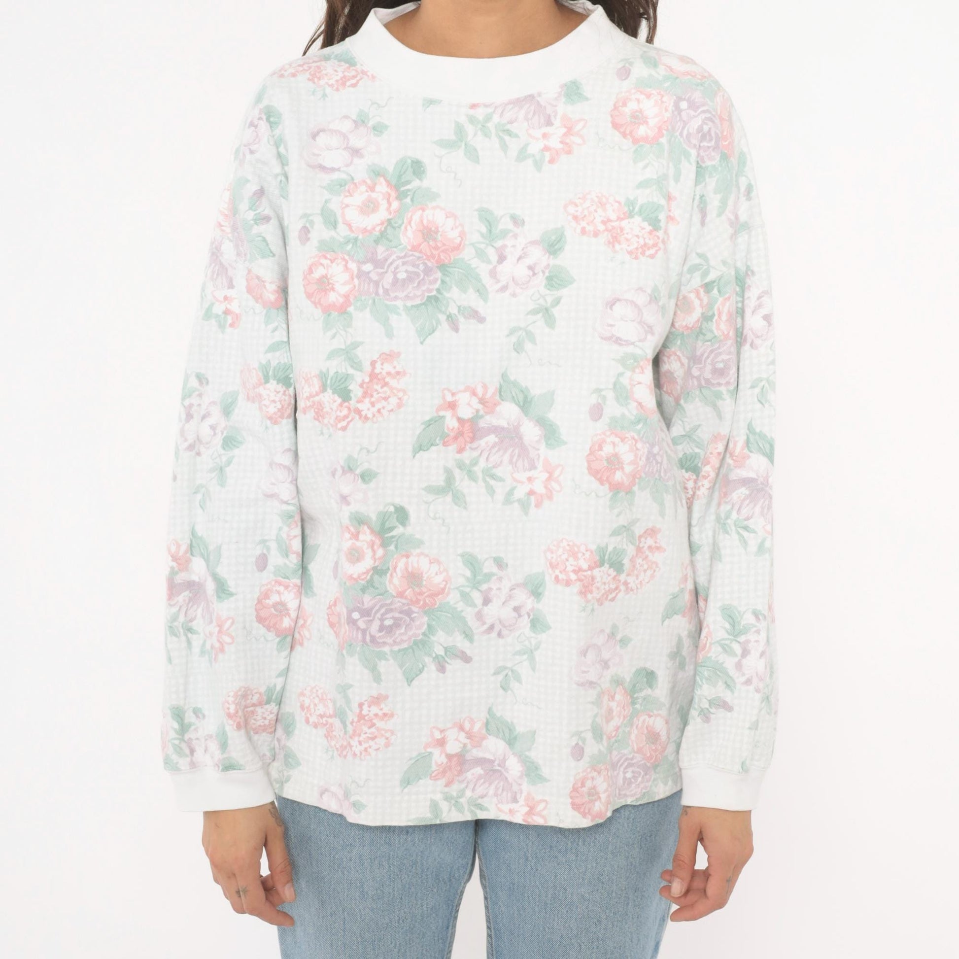90s Floral Crewneck Sweatshirt Pink Lavender Rose Print White Medium