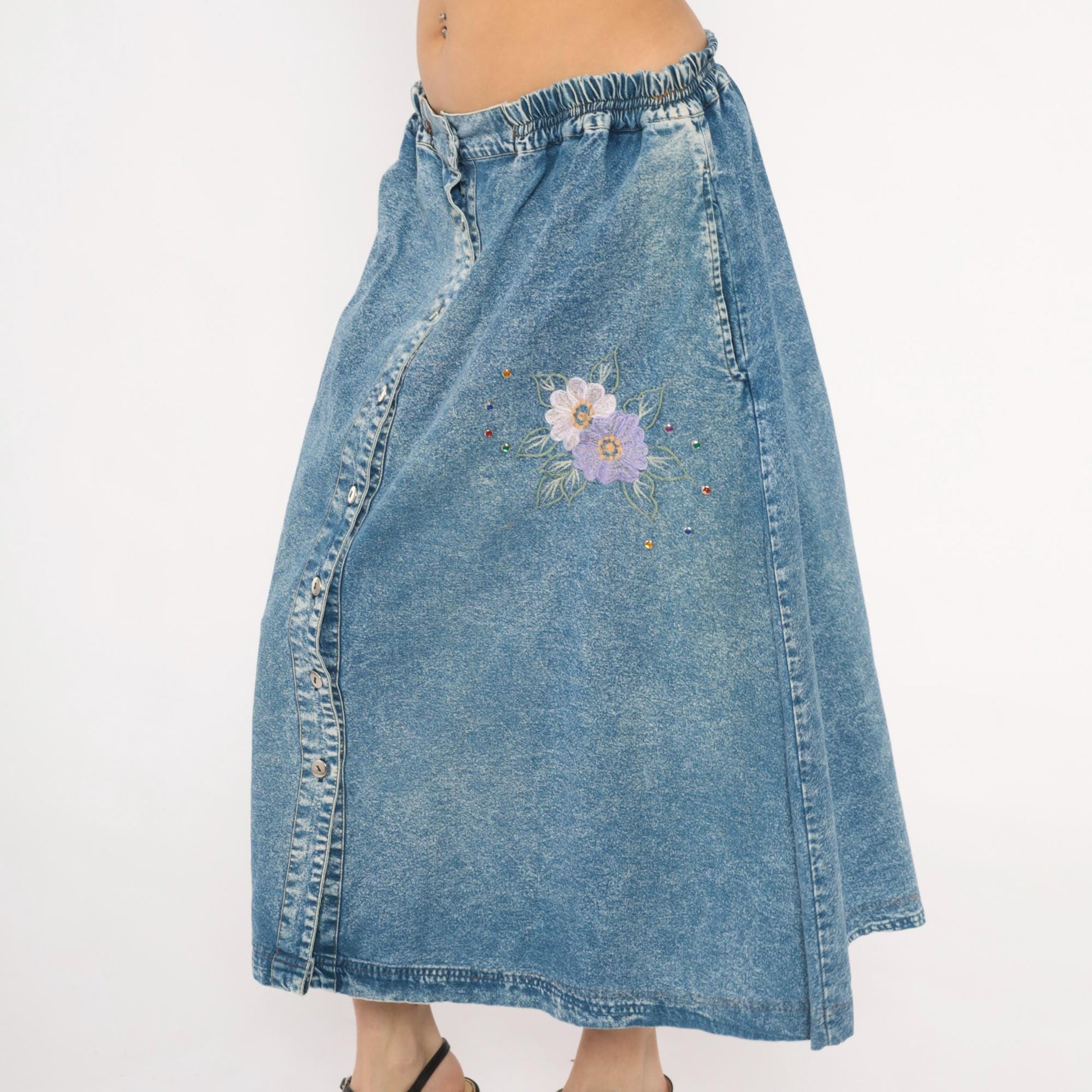 90s Carolina Bay Acid Wash Denim Midi Skirt Floral Embroidered Blue Extra Large XL